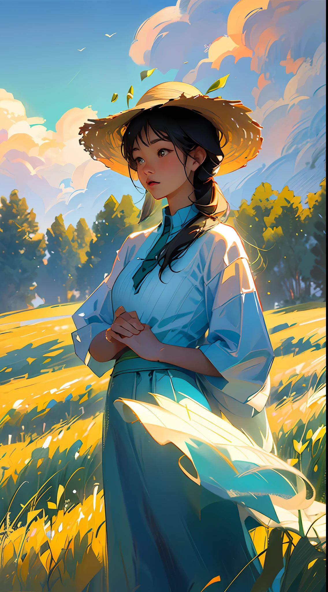Wheat field, a farmer uncle with a straw hat standing in a wheat field, big clouds, blue sky, rice field, neat rice seedlings in the field, forest, hillside, secluded, rural, HD detail, hyper-detail, cinematic, surrealism, soft light, deep field focus bokeh, ray tracing and surrealism. --v6