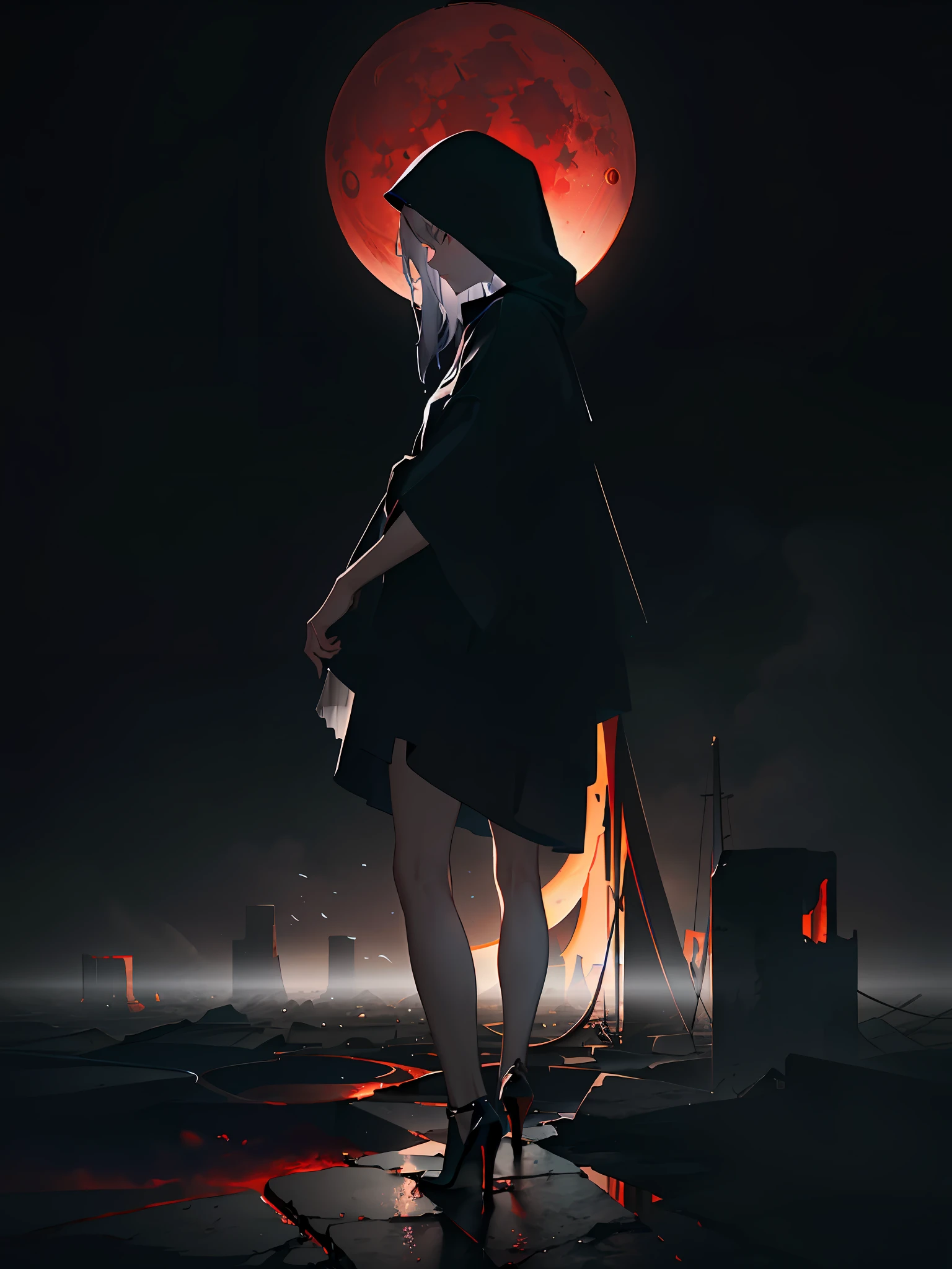 Simple colors, cold tones, dark night, blood moon, city, broken bridge, gloomy, corners, gravel, thick fog obscuring white bones, suspense, style ethereal abstraction, (illustration: 1.0), epic composition, HD details, masterpiece, best quality, (very detailed CG unified 8k wallpaper) --v 6