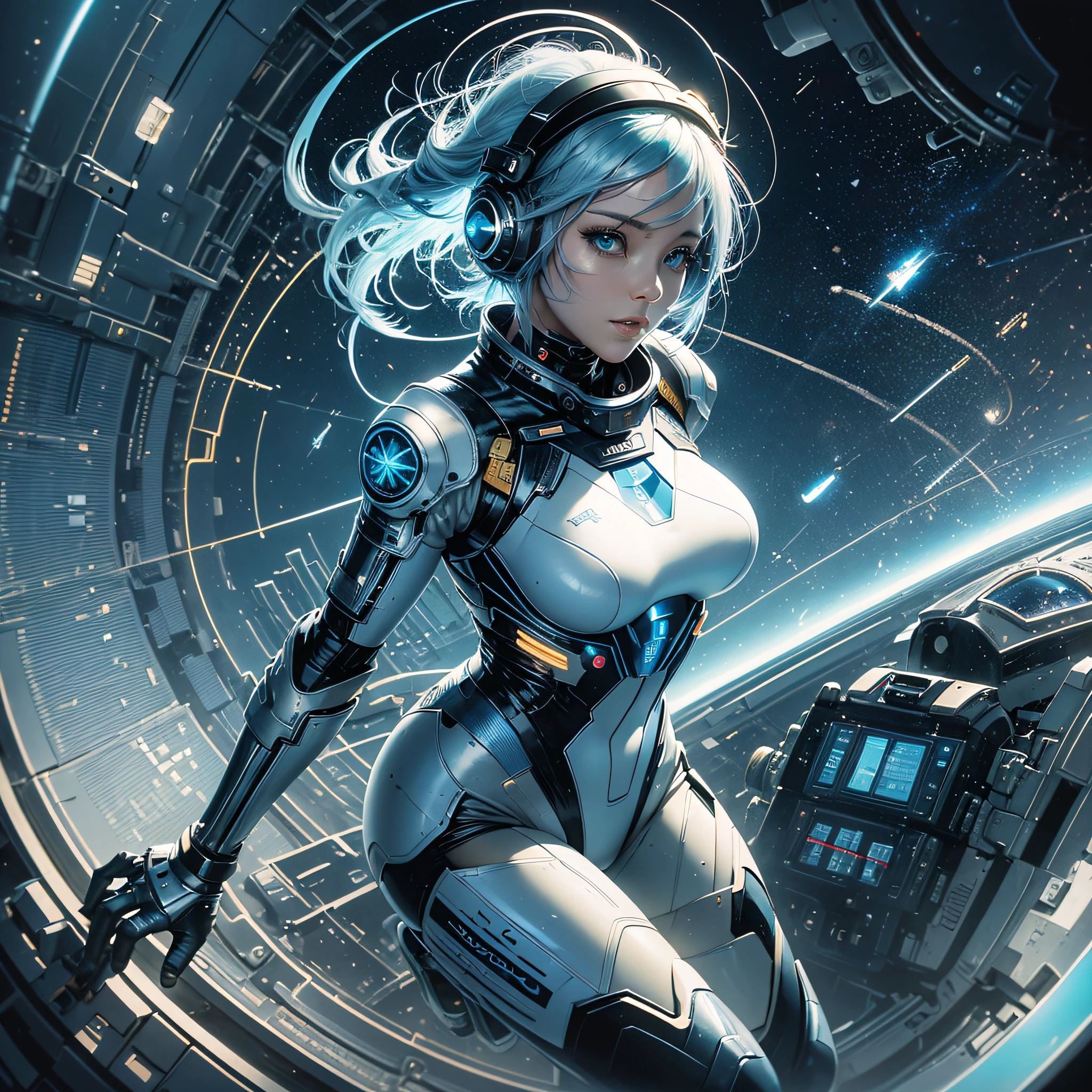 Full body, blue hair, blunt van, masterpiece, top quality, official art, album art, very elaborate CG Unity 8K wallpaper, lone girl, Japan girl, full body, super high resolution, (photorealistic: 1.4), dynamic angle, dynamic pose, mystical power, floating particles, reflection, so cute, sparkling blue color eyes, golden hour lighting, Pilot suit in white and blue and black colors, tight fitting clothes, full-body covering clothes, knee boots, (puffy eyes), viewer looking, front-facing, beauty, medium breasts, shirt lift, metal wire, slim body, arm-length gloves, anime heroine, gentle smile, headset, helmet, detailed robot cockpit, super futuristic space