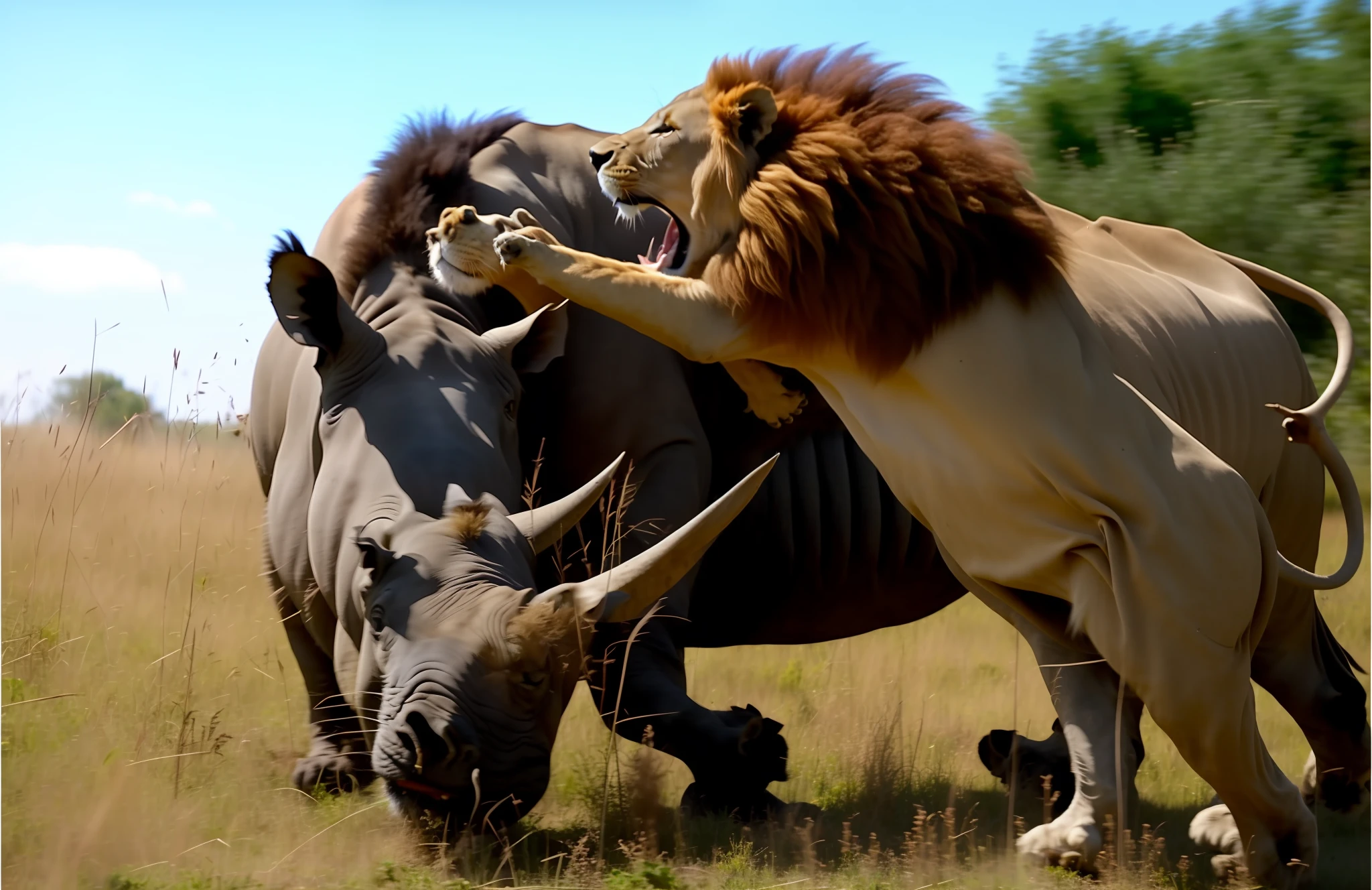 there is a lion and a rhino fighting in the grass, close-up fight, herds fighting, still from nature documentary, leading a battle, intense fighting, extremely realistic, national geographic footage, unbelievable, still from a nature documentary, king of the jungle, cinematic battle, rino, very very realistic, lions, by Lisa Nankivil, very realistic