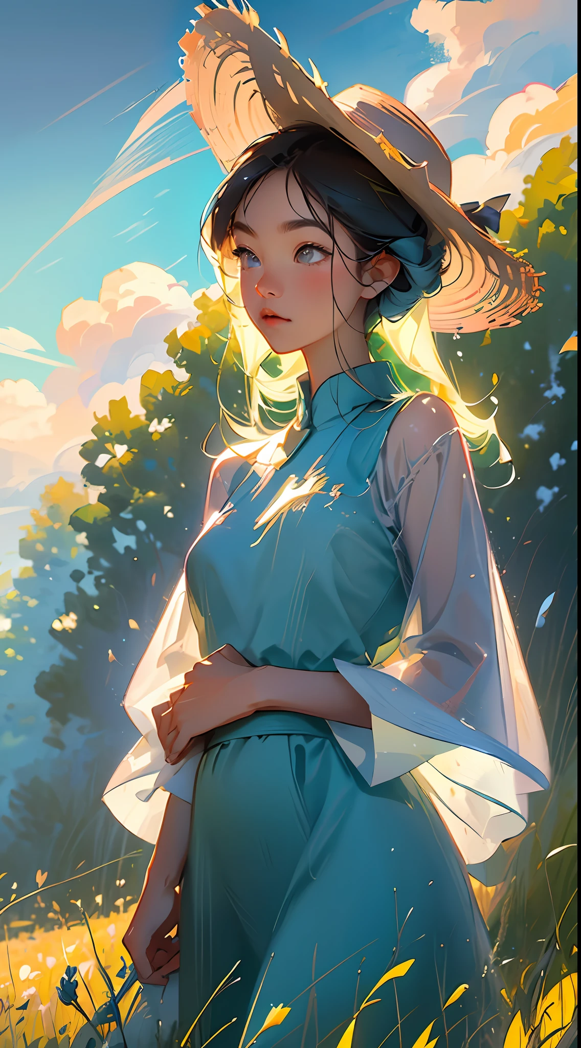 Wheat field, a farmer uncle with a straw hat standing in a wheat field, big clouds, blue sky, rice field, neat rice seedlings in the field, forest, hillside, secluded, rural, HD detail, hyper-detail, cinematic, surrealism, soft light, deep field focus bokeh, ray tracing and surrealism. --v6