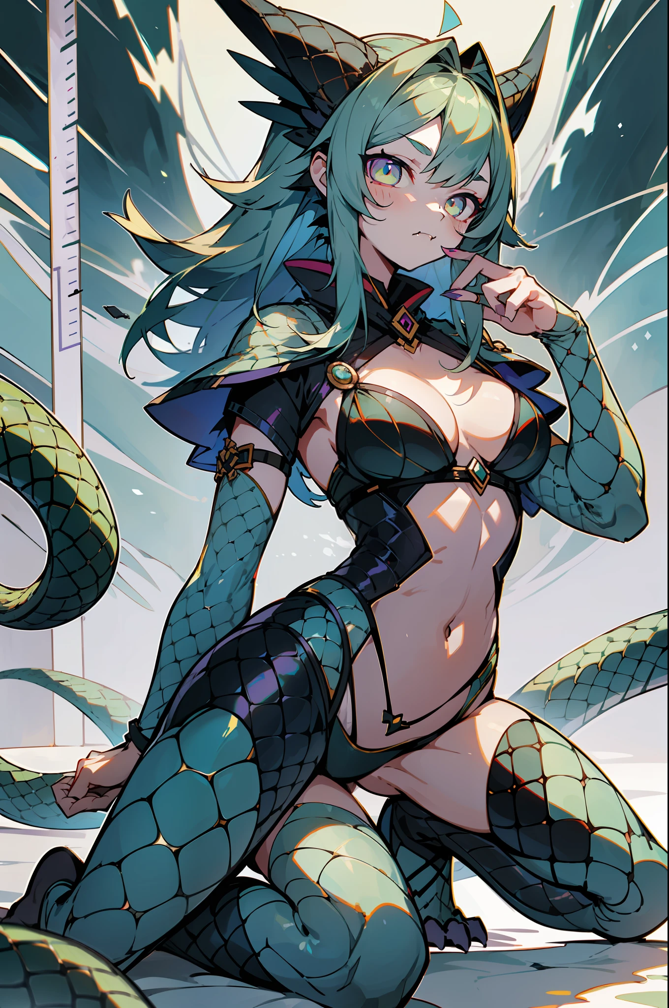 master-piece,hyper quality, hyper detailed,perfect drawing,1 beautiful girl, snake scale pattern bikini armor, snake ears, snake tail, snake scale legs, snake scale arm, snake scale fingers, hunter's eyes aiming at prey, blue-green hair purple mesh hair, three white eyes, reptile eyes, vertical eyes, sharp claws, sharp fangs, height 188 cm, MeasurementsB70W45H75, Nyoronyoro, Kneeling, pow pause