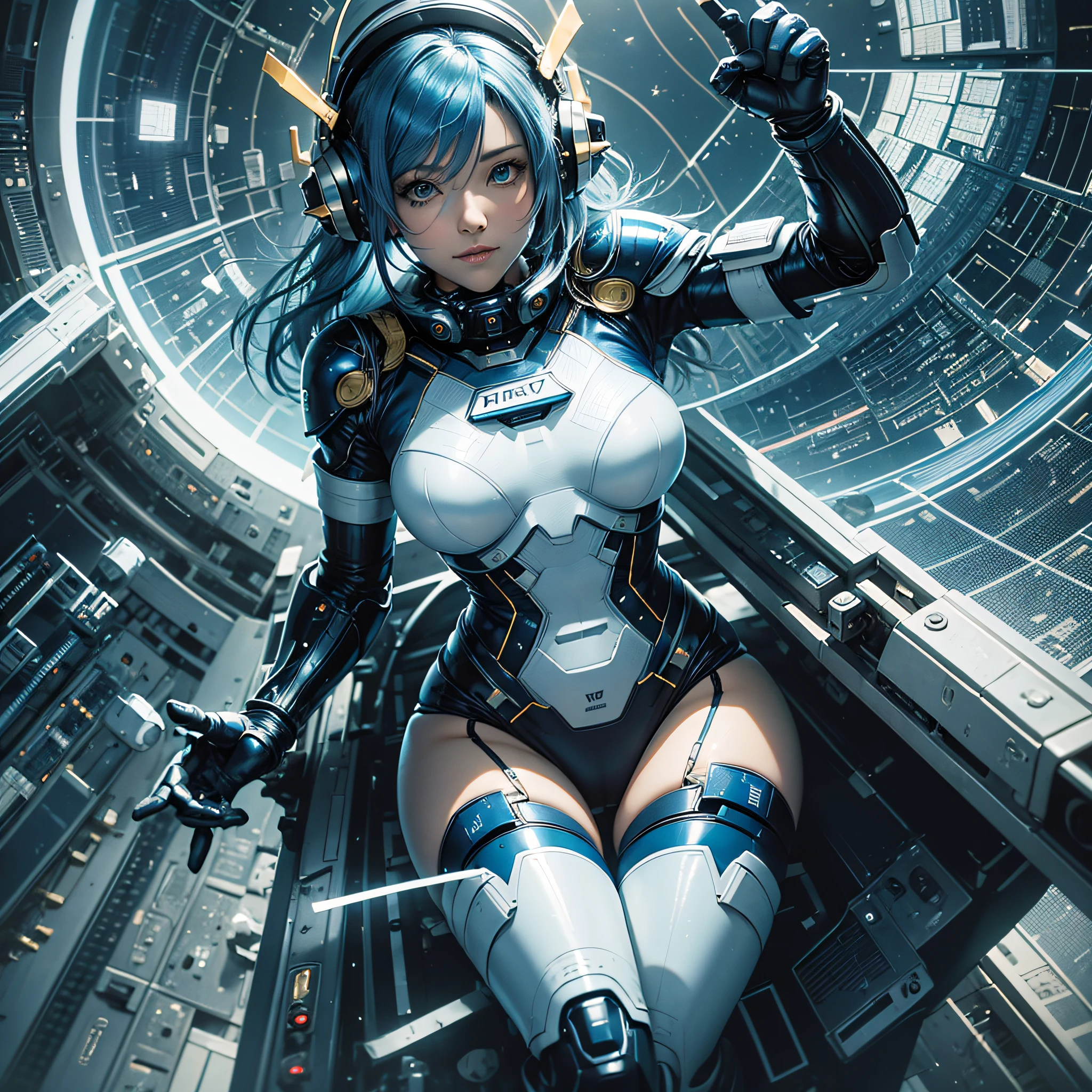 Full body, blue hair, blunt van, masterpiece, top quality, official art, album art, very elaborate CG Unity 8K wallpaper, lone girl, Japan girl, full body, super high resolution, (photorealistic: 1.4), dynamic angle, dynamic pose, mystical power, floating particles, reflection, so cute, sparkling blue color eyes, golden hour lighting, Pilot suit in white and blue and black colors, tight fitting clothes, full-body covering clothes, knee boots, (puffy eyes), viewer looking, front-facing, beauty, medium breasts, shirt lift, metal wire, slim body, arm-length gloves, anime heroine, gentle smile, headset, helmet, detailed robot cockpit, super futuristic space