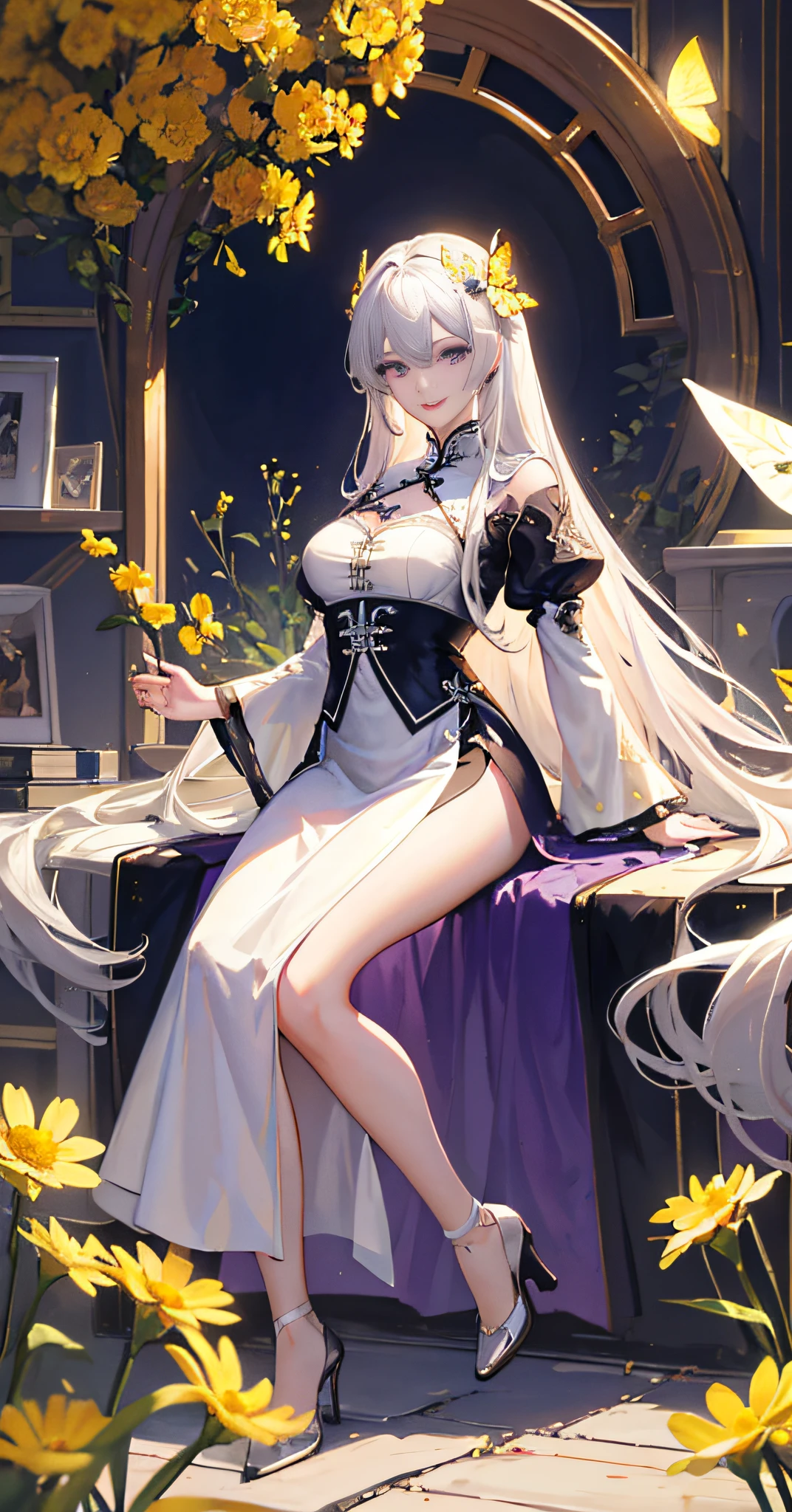 queen, day, field, rape field, rape flower, purple eyes, butterfly, silver hair, porcelain skirt with slender legs,high heels, chinese clothes, hair flowers, incredibly long hair, happy, red ribbon, smile, mouth corners up, purple eyes, red lips, (extremely refined and beautiful: 1.2), single, high level, looking at the audience, masterpiece, best quality, very detailed, perfect lighting, gauze, lace edge, sunlight, ray tracing, long hair, white hair, delicate beautiful face, elegant long hair, white dress，