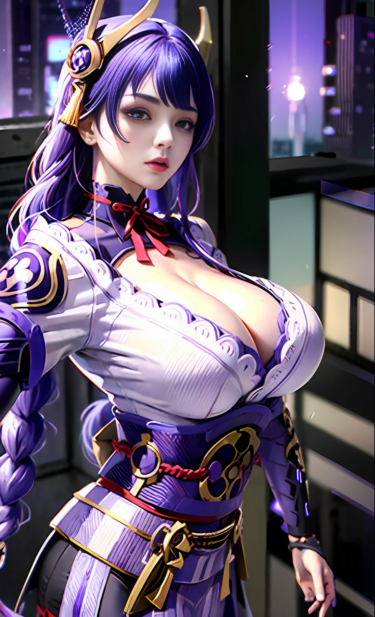 Unreal Engine 5 Realistic Render, RaidenShogun, detailed clothes, white clothes, blunt bangs, braid, (huge breasts:1.1), cleavage, wide-sleeved kimono, hair ornament, white japanese clothes, (red obi:1.4), (purple hair:1.4), very long hair, straight hair, detailed face, cool face, (smooth chin:0.85), closed mouth, long eyelashes, sharp eyes, looking at viewer, beautiful eyes, detailed eyes, thick eyebrows, red eyeshadow, symmetry eyes, (ulzzang-6500:0.7), skirt, (from below:1.1), (cyberpunk city:1.4), from side, (rooftop:1.5), (star \(sky\):1.3), photon mapping, physically-based rendering, RAW photo, highly detailed background, high res, perspective, beautiful face, top body is hyper realistic thicc muscle and hyper largest_breasts!! with the type of boobs_melons, lower is huge buttocks, wet shiny body