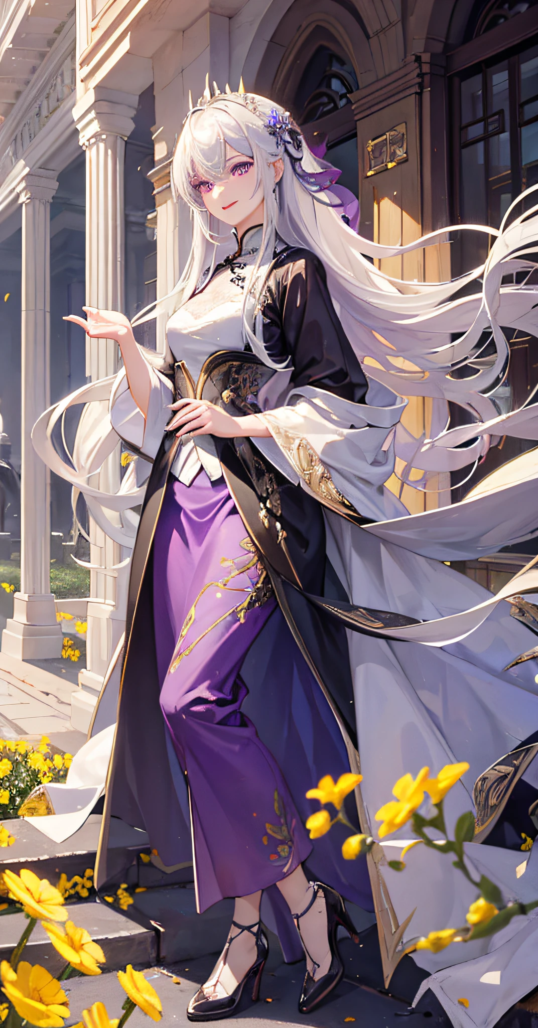 queen, day, field, rape field, rape flower, purple eyes, butterfly, silver hair, porcelain skirt with slender legs,high heels, chinese clothes, hair flowers, incredibly long hair, happy, red ribbon, smile, mouth corners up, purple eyes, red lips, (extremely refined and beautiful: 1.2), single, high level, looking at the audience, masterpiece, best quality, very detailed, perfect lighting, gauze, lace edge, sunlight, ray tracing, long hair, white hair, delicate beautiful face, elegant long hair, white dress,