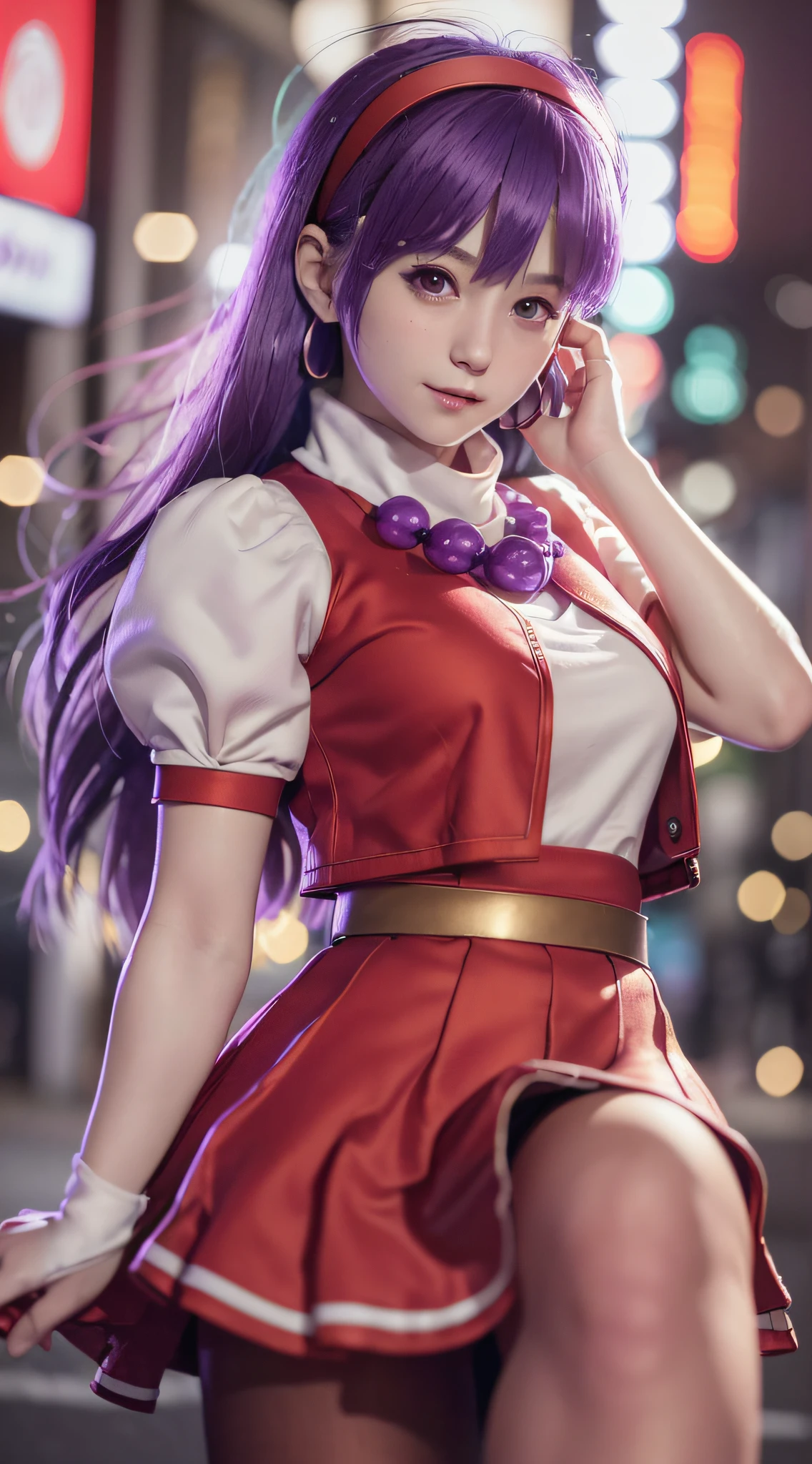 (8K,RAW photo, best quarity, masterpiece:1.2), cinematic light, (finely detailed face:1.2), (masterpiece:1.5), (best quality:1.2), (looking at viewer:1.2), (artstation:1.2), dramatic, epic realistic, super intricate details, detailed, [[rutkowski]], ( highly detailed CG wallpaper Unity 8k), popular on ArtStation, popular on CGSociety, Intricate, High Detail, Sharp focus, dramatic, photorealistic painting by Midjourney, (insanely detailed:1.5), Greg Rutkowski, ((detailed pupils)), (detailed face), ((cinematic look)), Extremely Sharp Lines, Realistic Photos, A Detailed Masterpiece, elegant, clear focus, Depth of field, Movie Wallpaper, Facial Focus, physically-based rendering, photon mapping, physically-based rendering, (((looking at camera))), (((bokeh (background))), golden time, athena97, 1girl, solo, purple eyes, purple hair, long hair, white earrings, red hairband, star hair ornament, medium breats, red vest, white turtleneck, white puffy sleeves, short sleeves, red pleated skirt, (deep red pantyhose:1.2), black pantyhose, yellow belt, (purple sphere shape necklace:1.2), red fingerless gloves, white short socks, red shoes,(sweet face of -yeld gir.1),smiling, In the neon district of Akihabara at night, very big cute eye