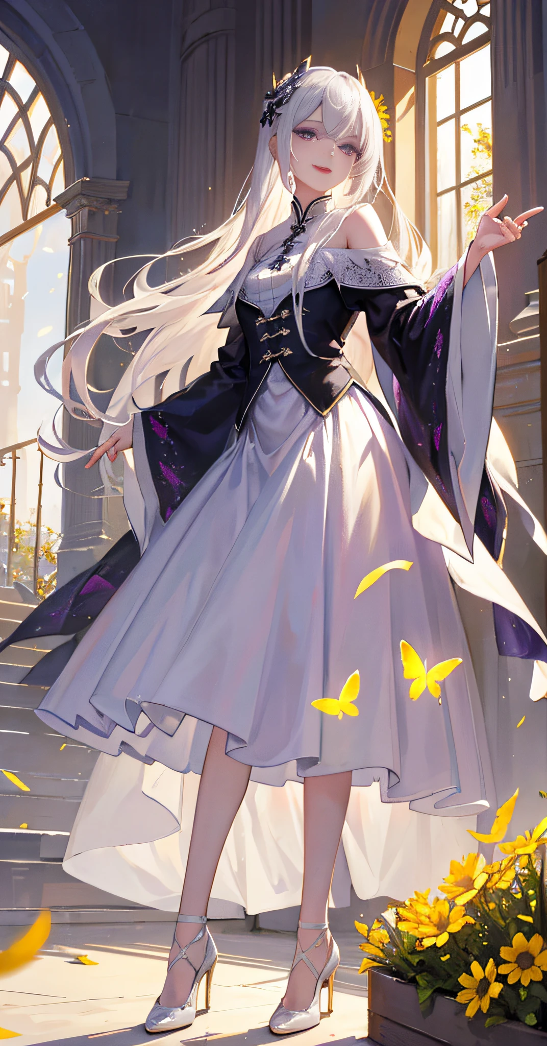 queen, day, field, rape field, rape flower, purple eyes, butterfly, silver hair, porcelain skirt with slender legs,high heels, chinese clothes, hair flowers, incredibly long hair, happy, red ribbon, smile, mouth corners up, purple eyes, red lips, (extremely refined and beautiful: 1.2), single, high level, looking at the audience, masterpiece, best quality, very detailed, perfect lighting, gauze, lace edge, sunlight, ray tracing, long hair, white hair, delicate beautiful face, elegant long hair, white dress,