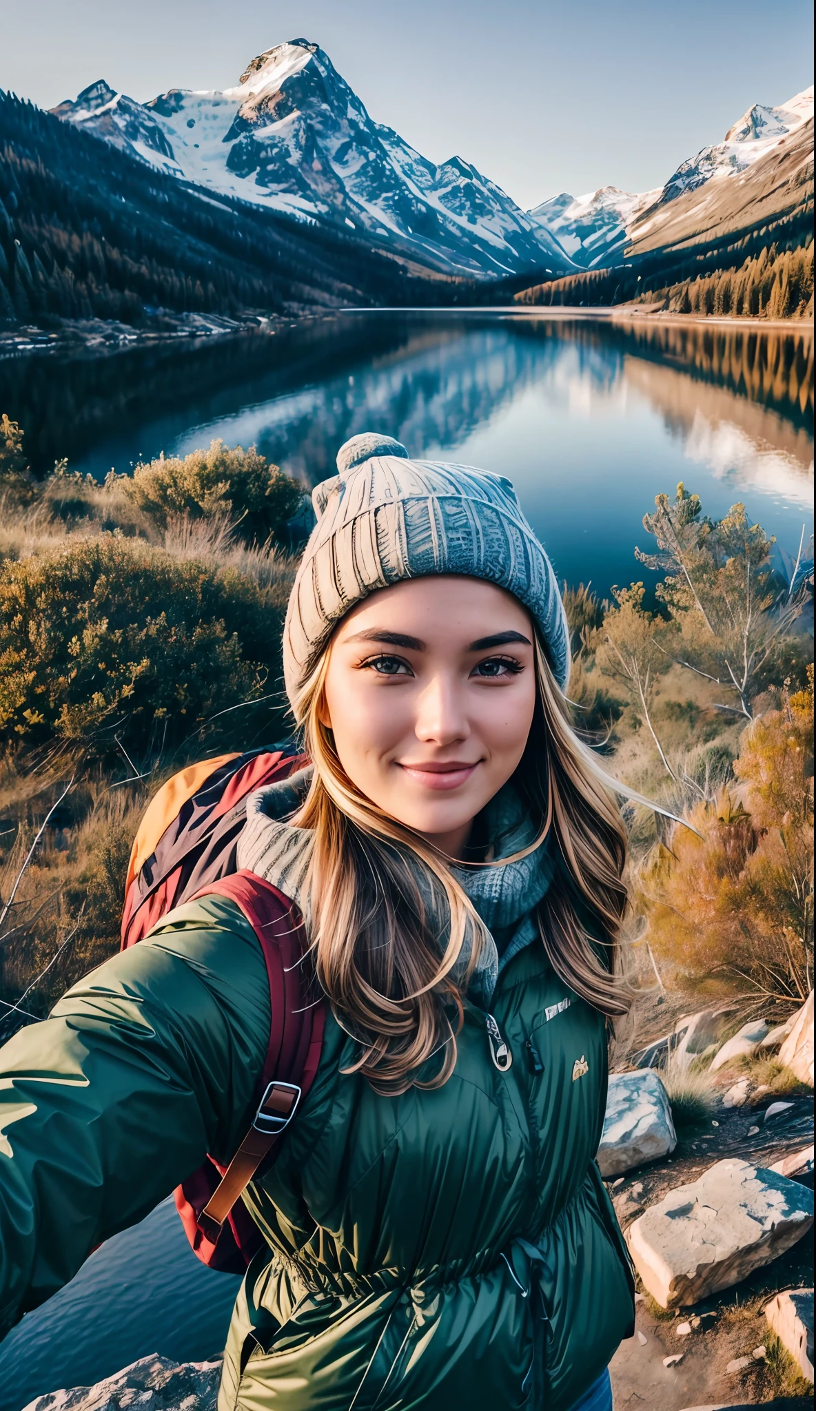 VeronicaCipher ((upper body selfie, happy)), masterpiece, best quality, ultra-detailed, solo, outdoor, (night), mountains, nature, (stars, moon) cheerful, happy, backpack, sleeping bag, camping stove, bottle water, mountain boots, gloves, sweater, hat, lantern, forest, rocks, river, wood, smoke, shadows, contrast, clear sky, style (warm hue, warm tone): 1.2), close-up, cinematic light, side lighting, ultra high resolution, best shadow, RAW, upper body, wearing pullover kodak vision 3,