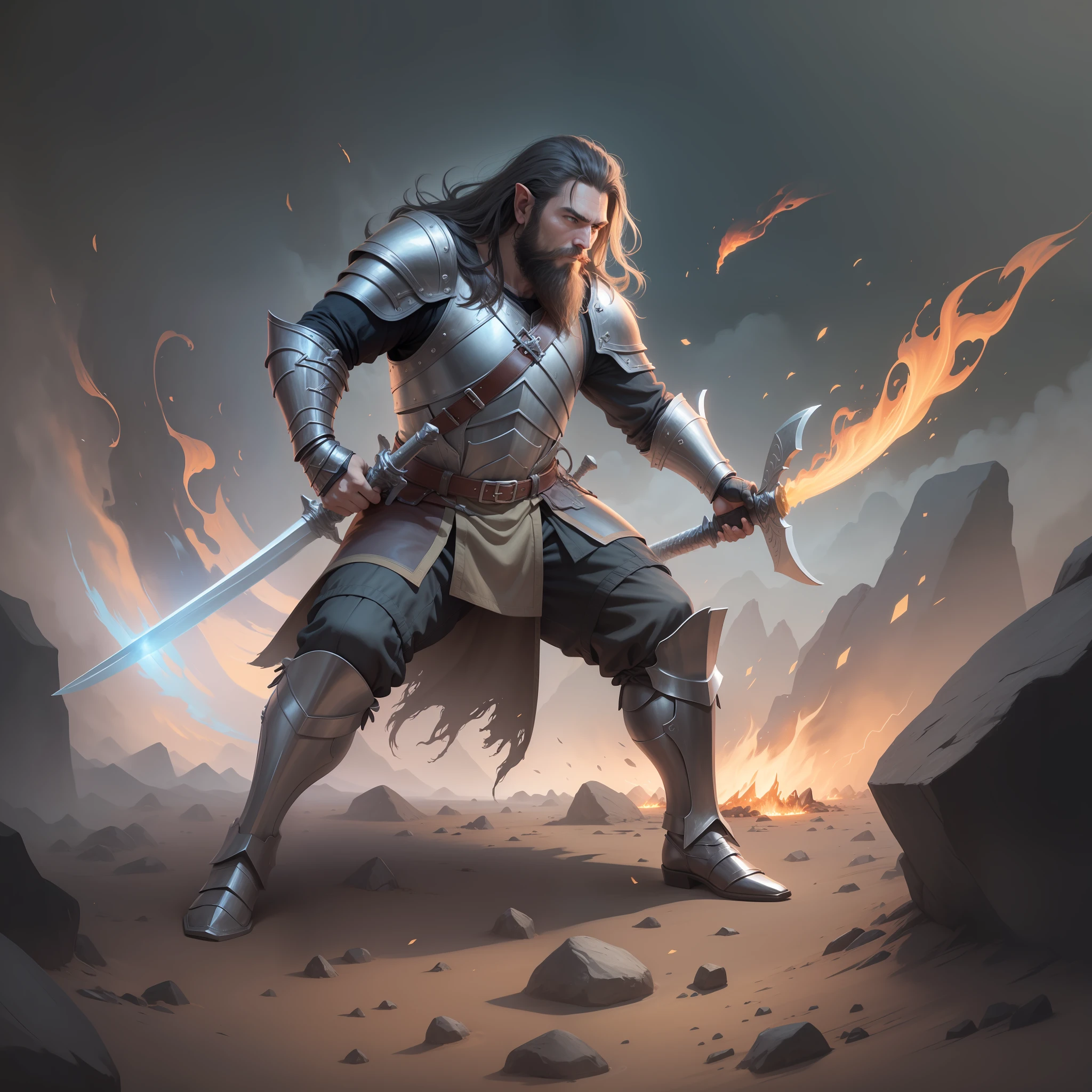 A hobbit with black leather armor holding a sword with both hands, fighting stance, greatsword, ((mature)), fire effects, short beard