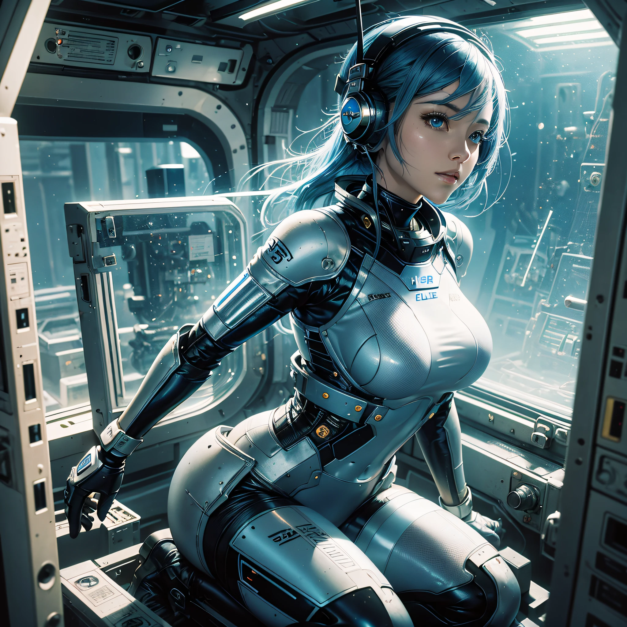 Full body, blue hair, blunt van, masterpiece, top quality, official art, album art, very elaborate CG Unity 8K wallpaper, lone girl, Japan girl, full body, super high resolution, (photorealistic: 1.4), dynamic angle, dynamic pose, mystical power, floating particles, reflection, so cute, sparkling blue color eyes, golden hour lighting, Pilot suit in white and blue and black colors, tight fitting clothes, full-body covering clothes, knee boots, (puffy eyes), viewer looking, front-facing, beauty, medium breasts, shirt lift, metal wire, slim body, arm-length gloves, anime heroine, gentle smile, headset, helmet, detailed robot cockpit, super futuristic space
