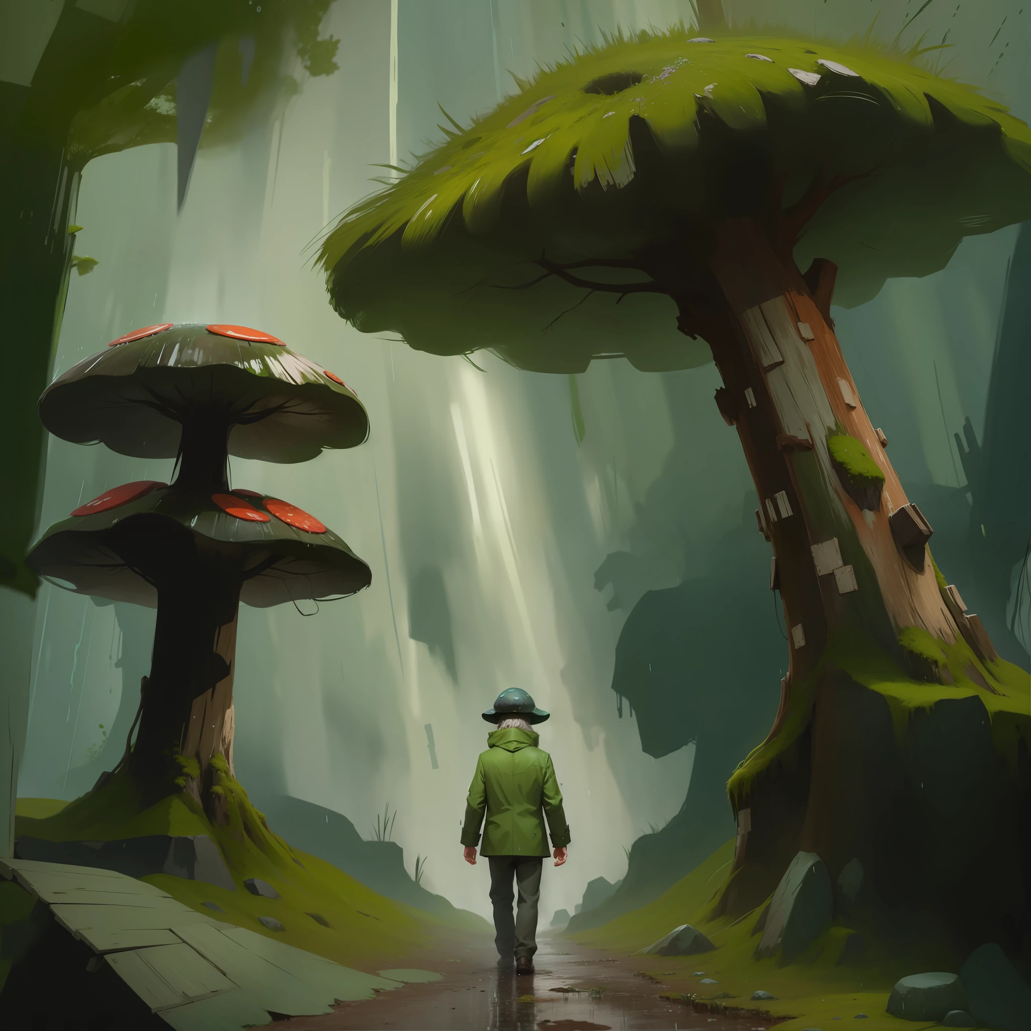 A mossy mushroom elder stood in the rain looking straight ahead