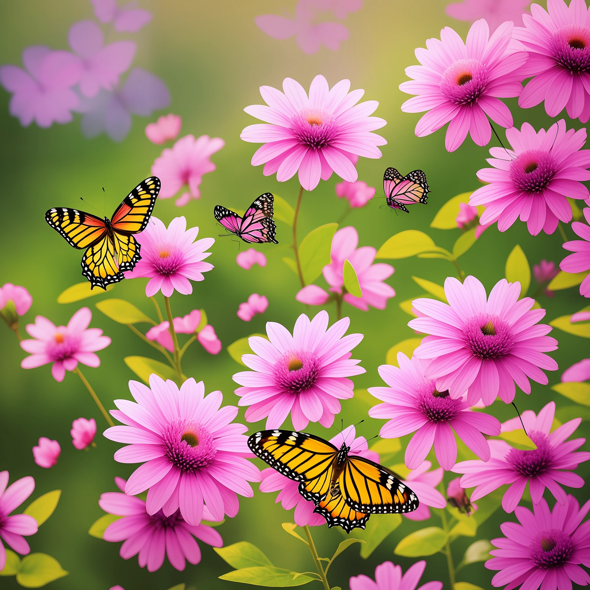 Masterpiece, main focus butterflies, best quality, delicate and beautiful painting, a beautiful pink and purple butterfly with a green caterpillar, in a natural environment, blurred background, scenery with flowers and leaves in pastel tones, soft sunlight, vibrant colors: pink, purple, green)