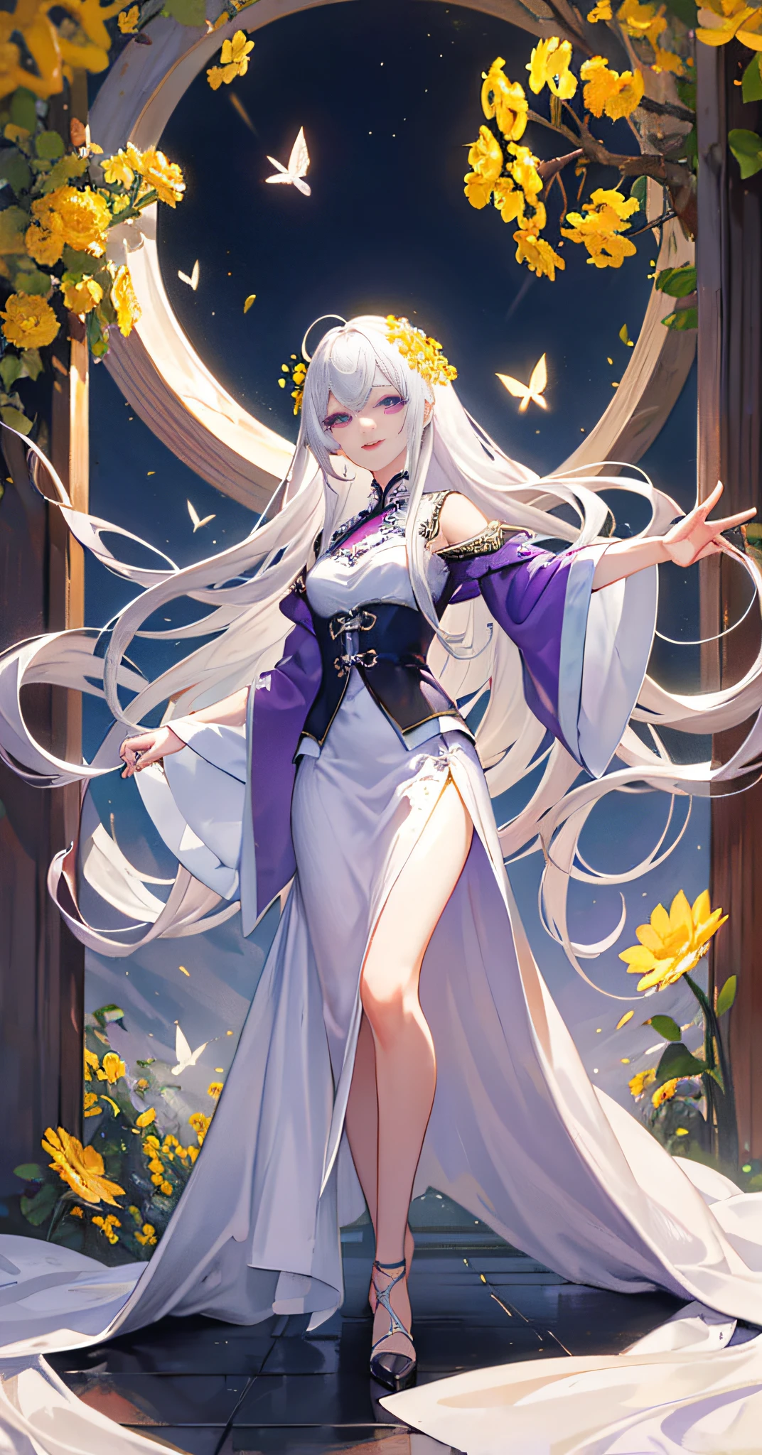 queen, day, field, rape field, rape flower, purple eyes, butterfly, silver hair, porcelain skirt with slender legs,high heels, chinese clothes, hair flowers, incredibly long hair, happy, red ribbon, smile, mouth corners up, purple eyes, red lips, (extremely refined and beautiful: 1.2), single, high level, looking at the audience, masterpiece, best quality, very detailed, perfect lighting, gauze, lace edge, sunlight, ray tracing, long hair, white hair, delicate beautiful face, elegant long hair, white dress,