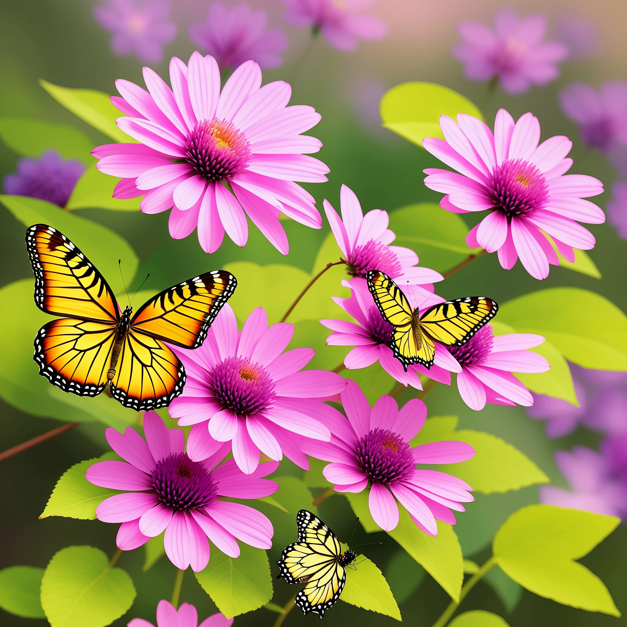 Masterpiece, main focus butterflies, best quality, delicate and beautiful painting, a beautiful pink and purple butterfly with a green caterpillar, in a natural environment, blurred background, scenery with flowers and leaves in pastel tones, soft sunlight, vibrant colors: pink, purple, green)