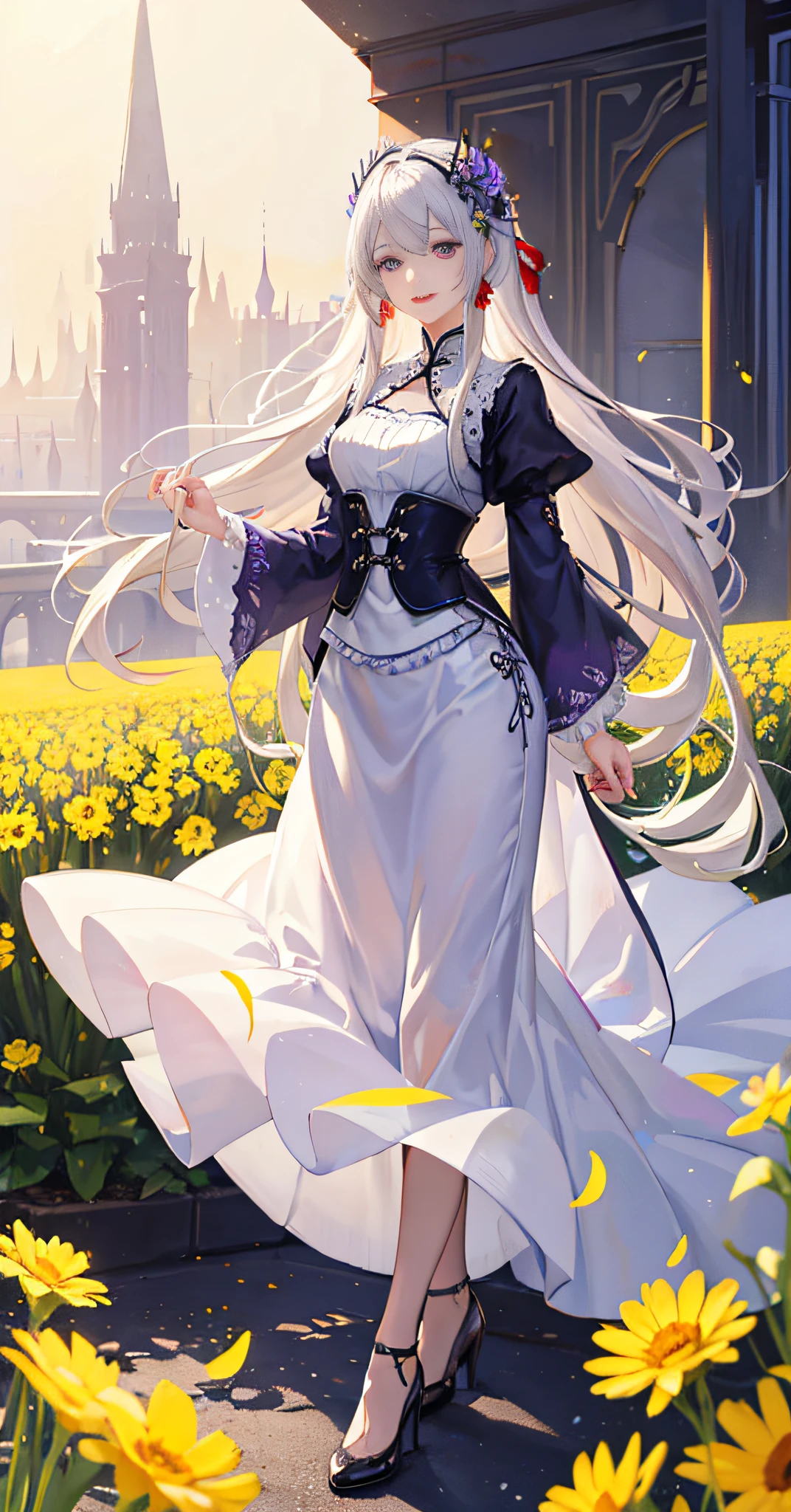 queen, day, field, rape field, rape flower, purple eyes, butterfly, silver hair, porcelain skirt with slender legs,high heels, chinese clothes, hair flowers, incredibly long hair, happy, red ribbon, smile, mouth corners up, purple eyes, red lips, (extremely refined and beautiful: 1.2), single, high level, looking at the audience, masterpiece, best quality, very detailed, perfect lighting, gauze, lace edge, sunlight, ray tracing, long hair, white hair, delicate beautiful face, elegant long hair, white dress，