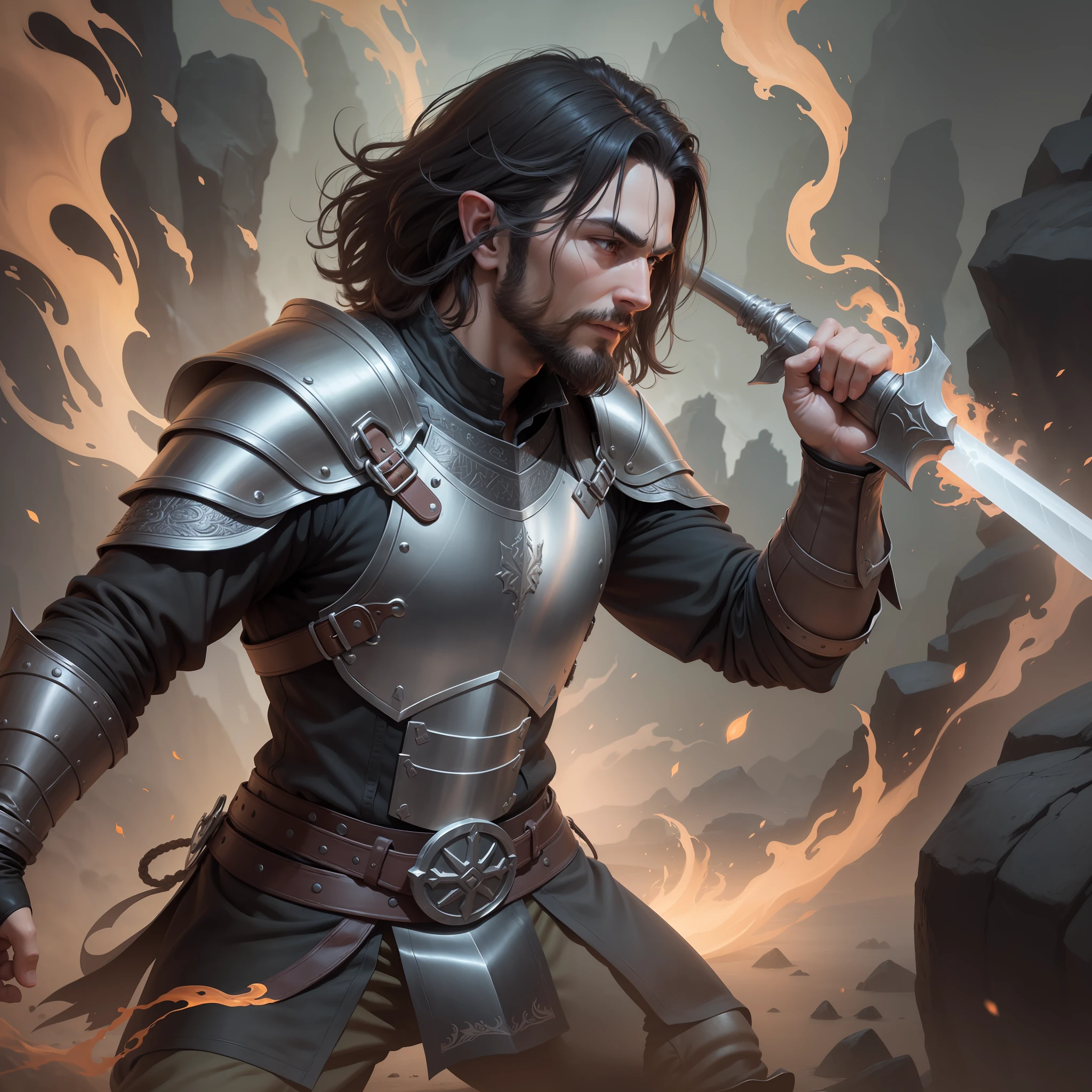 A hobbit with black leather armor holding a sword with both hands, fighting stance, greatsword, ((mature)), fire effects, short beard