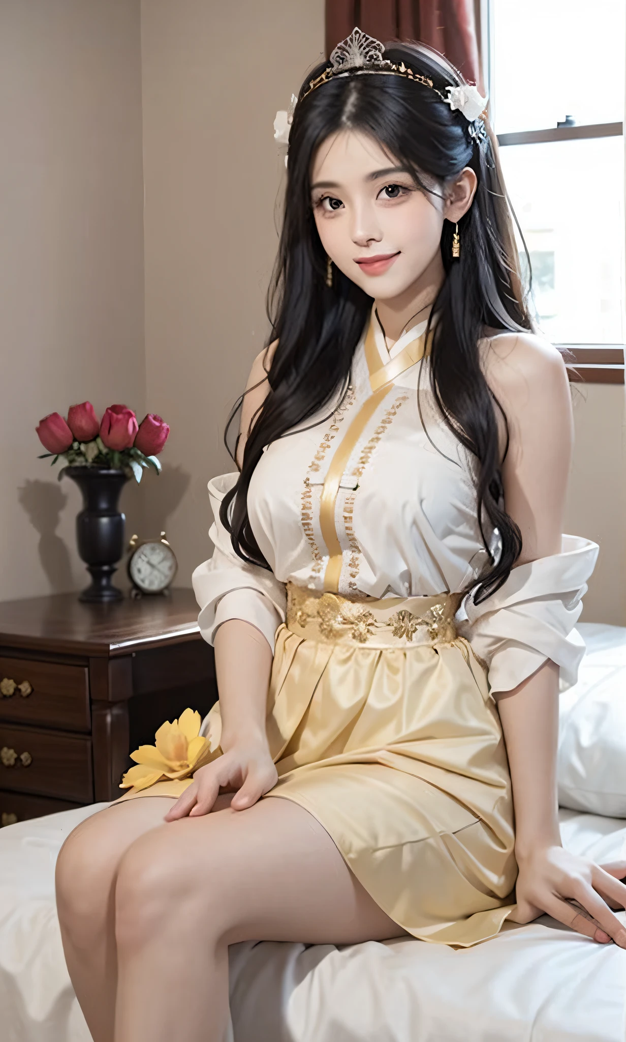 The highest quality, exquisite picture, Tyndall effect, big eyes, long eyelashes, black hair, bare shoulders, perfect facial features, clear face, delicate lips, smile, clean and beautiful background, antique bedroom, bed, gentle light, a woman wearing a phoenix crown on her head, wearing a medium yellow Hanfu, red embroidered peony, sitting on a stool on her side, 2/3 full body photo
