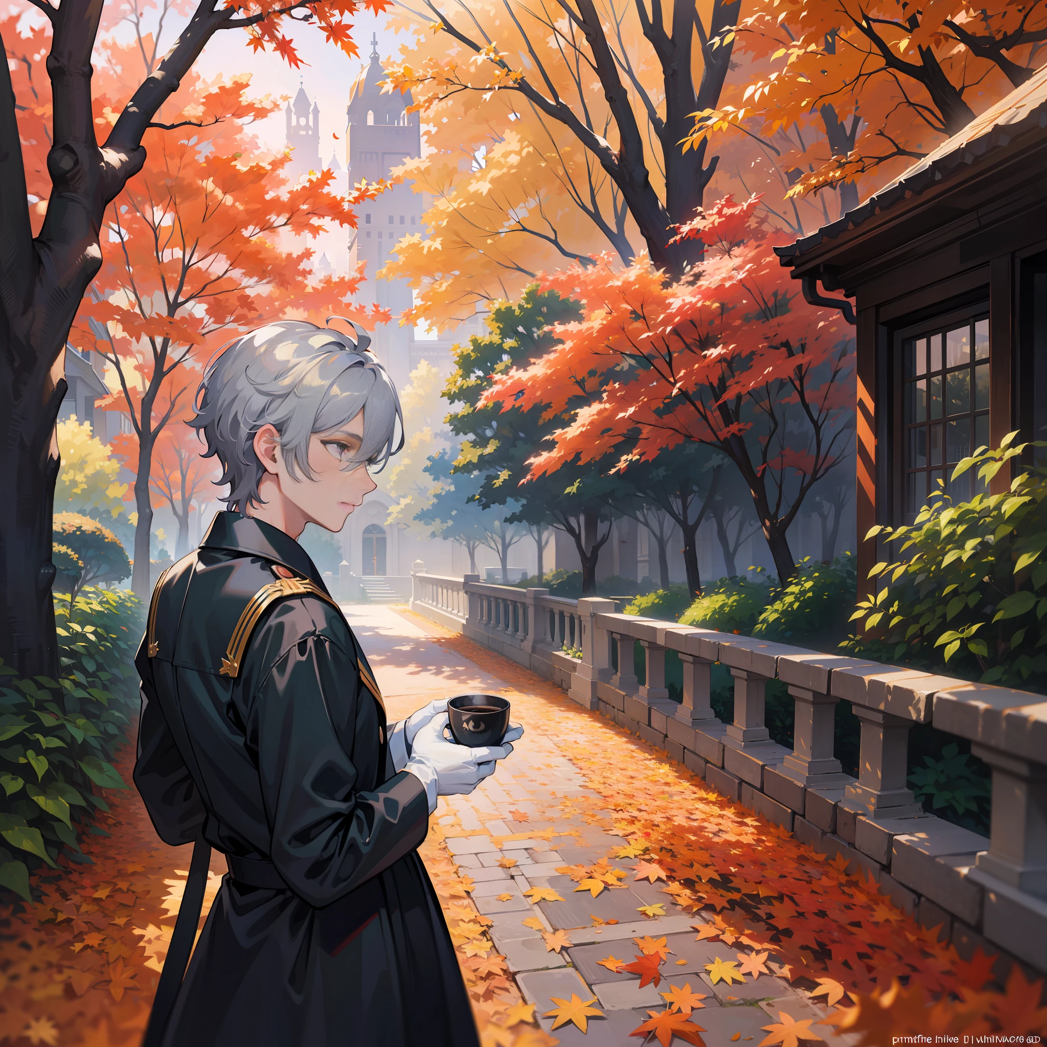 Two-dimensional, boy, gray hair, alone, autumn, night, maple leaf falling, in the garden of silence, french style, coffee in hand, 8K wallpaper, light and shadow rendering, wide angle lens, black dress, white gloves, high resolution, masterpiece, best quality