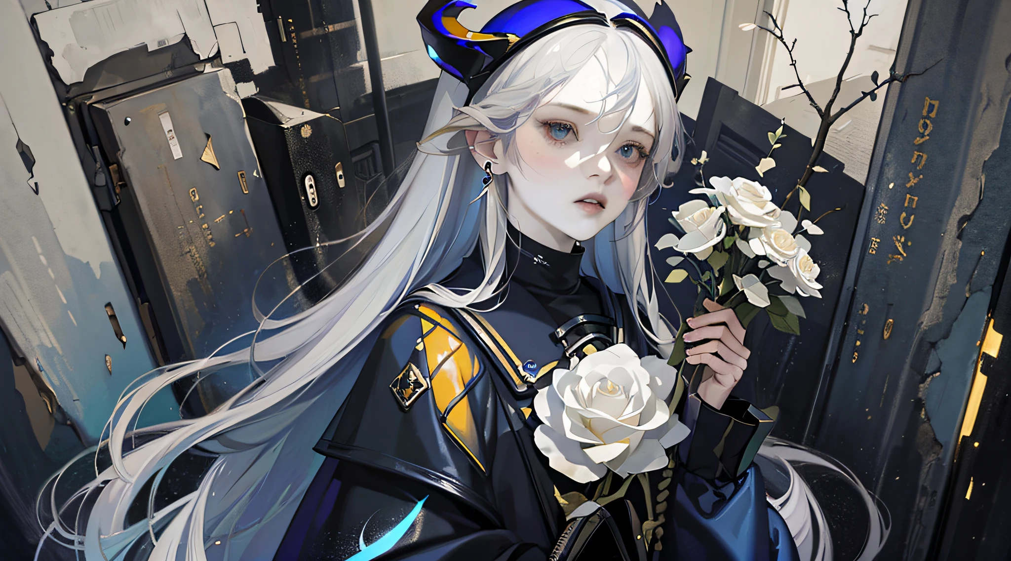 masterpiece, 1girl, flower, solo, white flower, long hair, bouquet, halo, horns, cross, blue hair, tombstone, white rose, skirt, tree, jacket, black skirt, rose, shirt, sleeves past wrists, black jacket, earrings, hairband, white shirt, jewelry, frills, holding bouquet, border, very long hair, long sleeves, blue eyes, mostima (arknights), holding, parted lips, outdoors