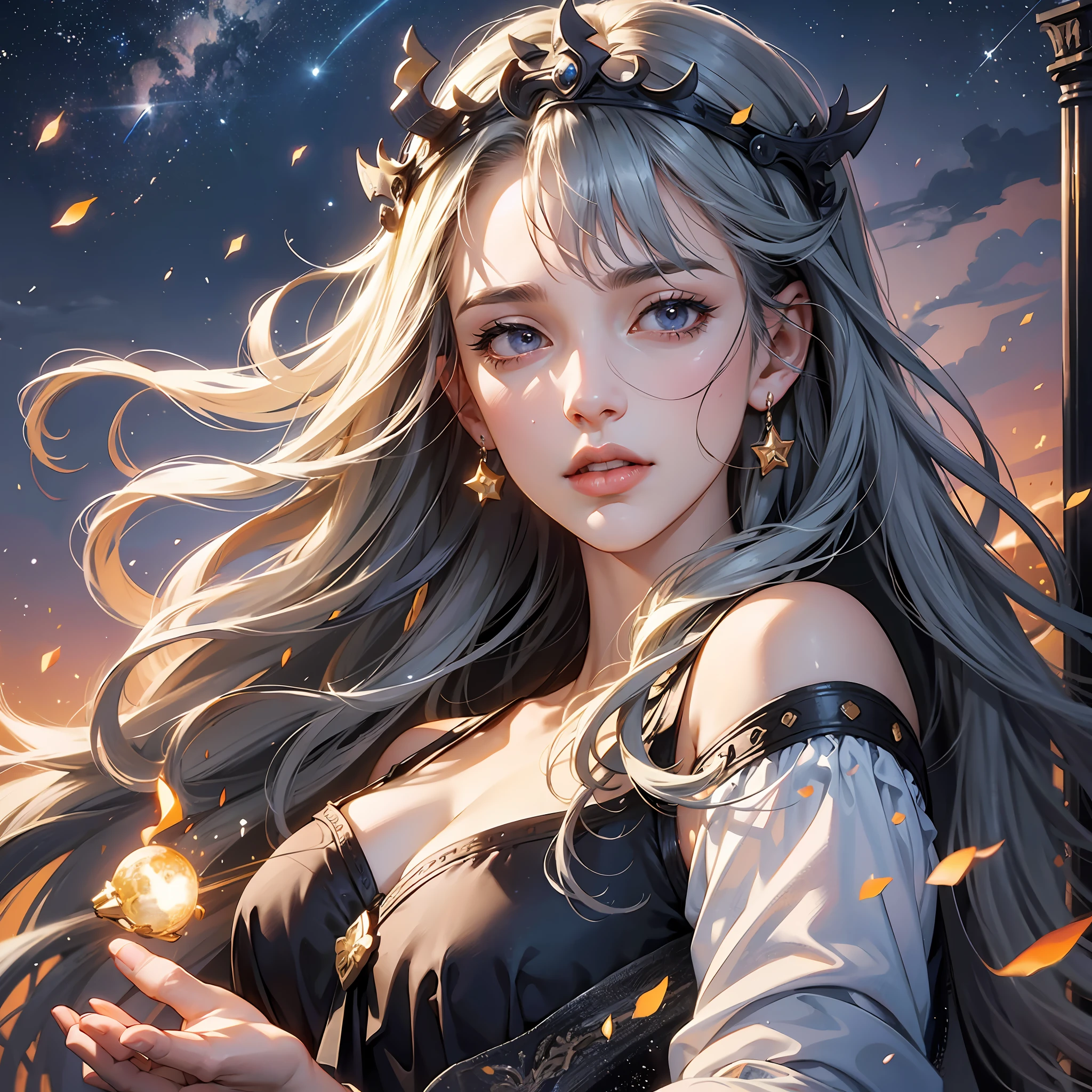 (absurd, high resolution, super detail), 1 woman, mature woman, old age, wavy long hair, gray hair, black eyes, bangs, long sleeves, fine eyes and fine face, highly detailed CG Unity 8k wallpaper, intricate details, looking down, solo, half shot, detailed face, stoic expression, dynamic pose, flowing hair, classical age, (ancient Rome theme: 1.1), Roman mythology, Roman Empire,  Capua, ancient vineyards, oracles, headlands, iron accessories, ancient theme, (thriving civilization: 1.1), pristine white marble, (intact: 1.1) marble buildings, background hills, braziers, burning embers, night, darkness, stars, aura of light, majestic atmosphere, floating stone particles, portrait, wind swirl, best quality, masterpiece, anime style, beautiful woman, nebula, shooting stars,ultra beautiful detailed eyes, ,Precise iris depiction
,hyper detailed face, complex, perfect, model,  textured, chiaroscuro, professional make-up, realistic, rough, dominating, figure in frame, Super beautiful background drawn by WLOP, cinematic lighting, stars, fireflies, ethereal,