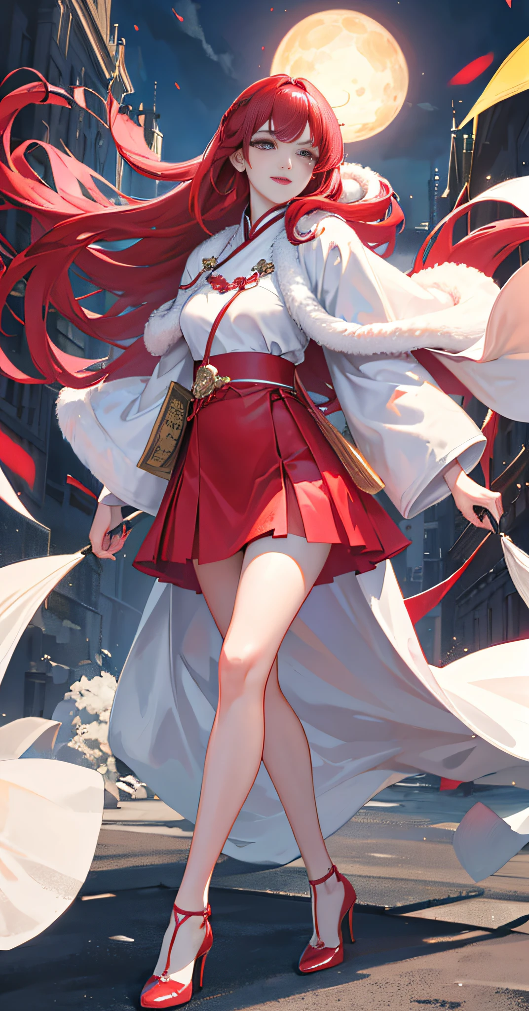Hanfu Ming style, white ([cape: fur decoration: 0.4]: 1.7), 1 girl, (long hair: 1.1), ([fur cloak: queen's cloak: 0.4] : 1.5), (Behind the arm: 1.1), (Realistic: 1.7), (Best Quality)), Ridious, (Ultra High Resolution), (Realistic: 1.6), Realistic, Octane Rendering, (Hyperrealism: 1.2), (Realistic Face: 1.2), (8K), (4K), (Masterpiece), (Illustration, Cinematic Lighting, Wallpaper), (Beautiful Eyes: 1.2), (Perfect Face, Slender Legs, High Heels, Full Body)))), (Cute), (Standing), (Red Armor Skirt, Red Armor, Armor), (Long Red Hair), Black Eyes, Red Lips, (Outdoor), Pink Belt, Red Momofuku Knot, pink with white skin, smile, good-looking, perfect face,.