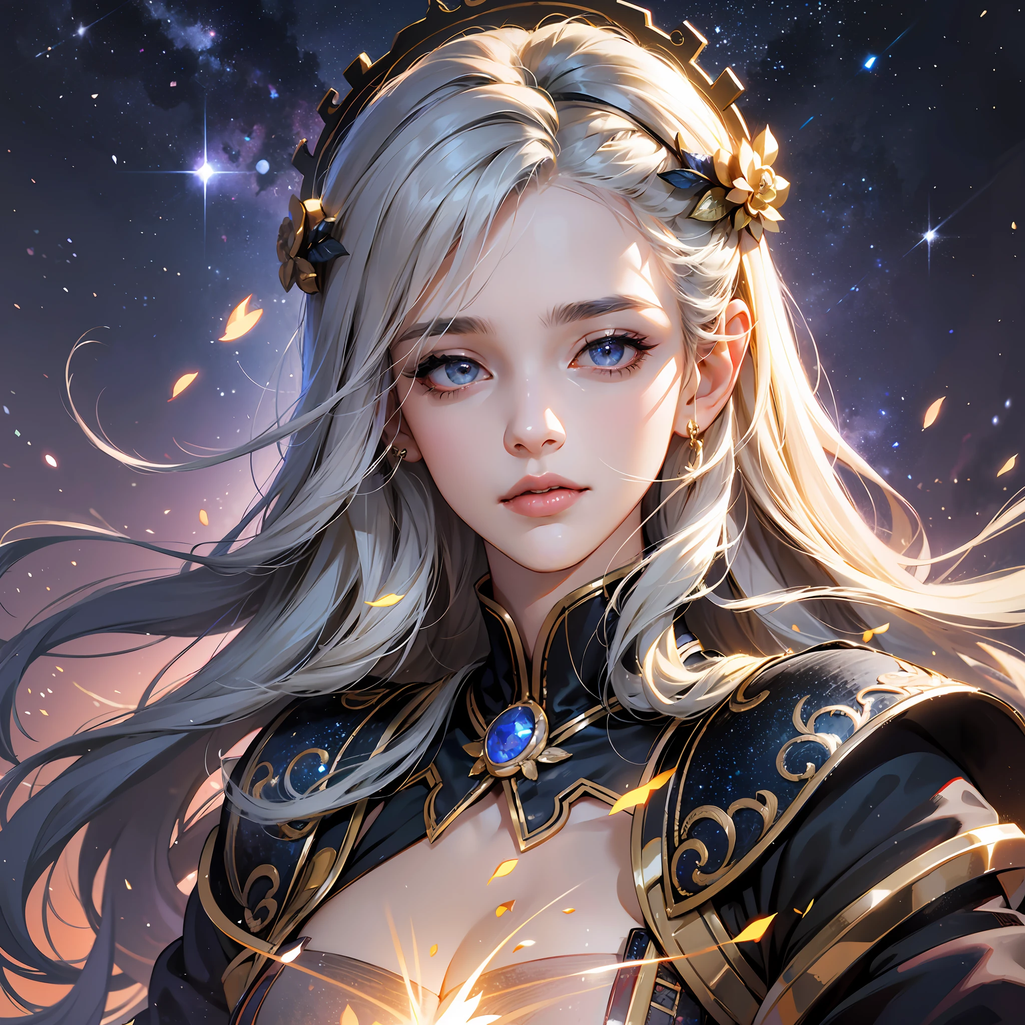 (absurd, high resolution, super detail), 1 woman, mature woman, old age, wavy long hair, gray hair, black eyes, bangs, long sleeves, fine eyes and fine face, highly detailed CG Unity 8k wallpaper, intricate details, looking down, solo, half shot, detailed face, stoic expression, dynamic pose, flowing hair, classical age, (ancient Rome theme: 1.1), Roman mythology, Roman Empire,  Capua, ancient vineyards, oracles, headlands, iron accessories, ancient theme, (thriving civilization: 1.1), pristine white marble, (intact: 1.1) marble buildings, background hills, braziers, burning embers, night, darkness, stars, aura of light, majestic atmosphere, floating stone particles, portrait, wind swirl, best quality, masterpiece, anime style, beautiful woman, nebula, shooting stars,ultra beautiful detailed eyes, ,Precise iris depiction
,hyper detailed face, complex, perfect, model,  textured, chiaroscuro, professional make-up, realistic, rough, dominating, figure in frame, Super beautiful background drawn by WLOP, cinematic lighting, stars, fireflies, ethereal,