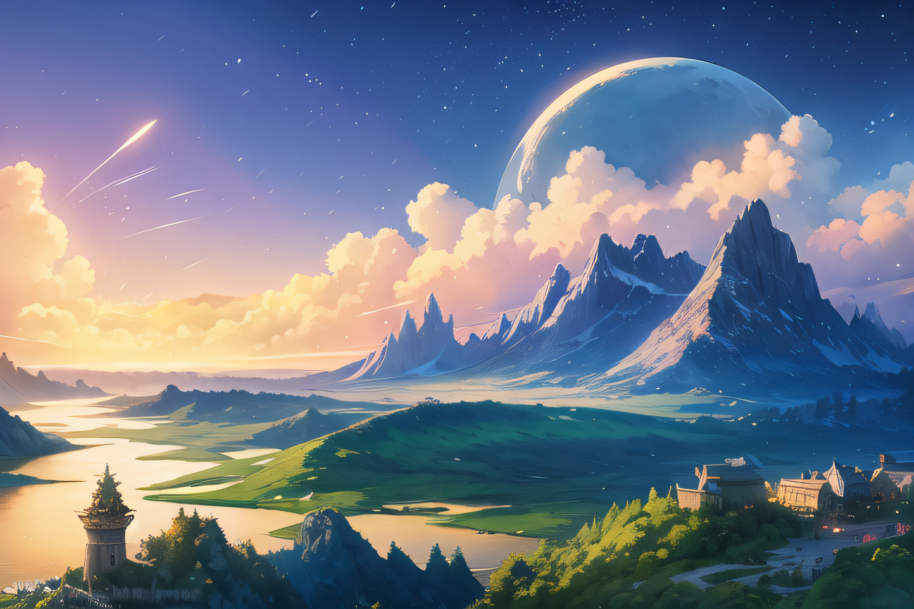 Masterpiece beautiful, volumetric lighting, (ambrosia), gust of wind, mountains stars ocean forest, (oro:1.2), floating island, will-o'-the-wisp \(mythology\), lily \(flower\), firefly, clouds moon, fragrance