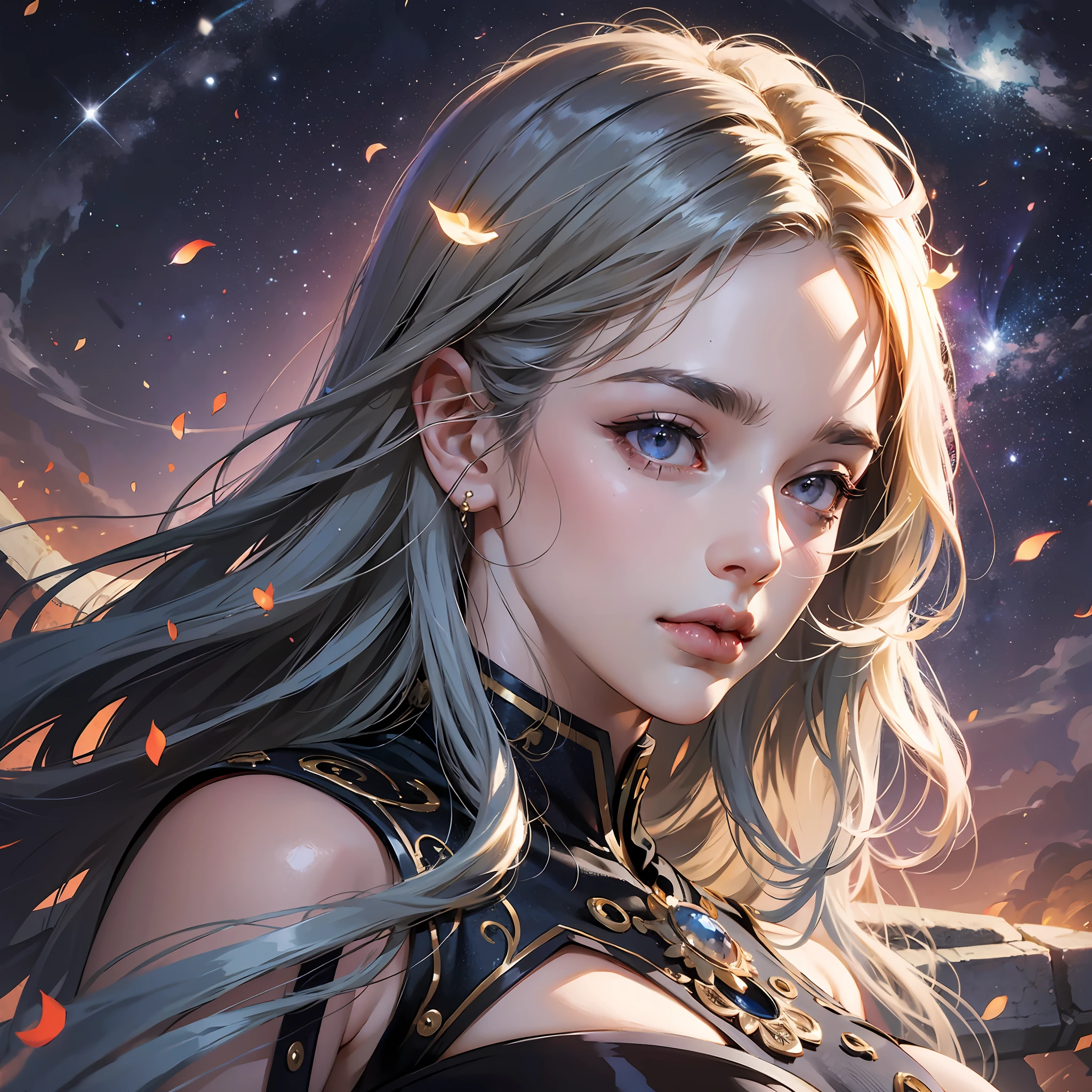 (absurd, high resolution, super detail), 1 woman, mature woman, old age, wavy long hair, gray hair, black eyes, bangs, long sleeves, fine eyes and fine face, highly detailed CG Unity 8k wallpaper, intricate details, looking down, solo, half shot, detailed face, stoic expression, dynamic pose, flowing hair, classical age, (ancient Rome theme: 1.1), Roman mythology, Roman Empire, Capua, ancient vineyards, oracles, headlands, iron accessories, ancient theme, (thriving civilization: 1.1), pristine white marble, (intact: 1.1) marble buildings, background hills, braziers, burning embers, night, darkness, stars, aura of light, majestic atmosphere, floating stone particles, portrait, wind swirl, best quality, masterpiece, anime style, beautiful woman, nebula, shooting stars,ultra beautiful detailed eyes, ,Precise iris depiction
,hyper detailed face, complex, perfect, model, textured, chiaroscuro, professional make-up, realistic, rough, dominating, figure in frame, Super beautiful background drawn by WLOP, cinematic lighting, stars, fireflies, ethereal,