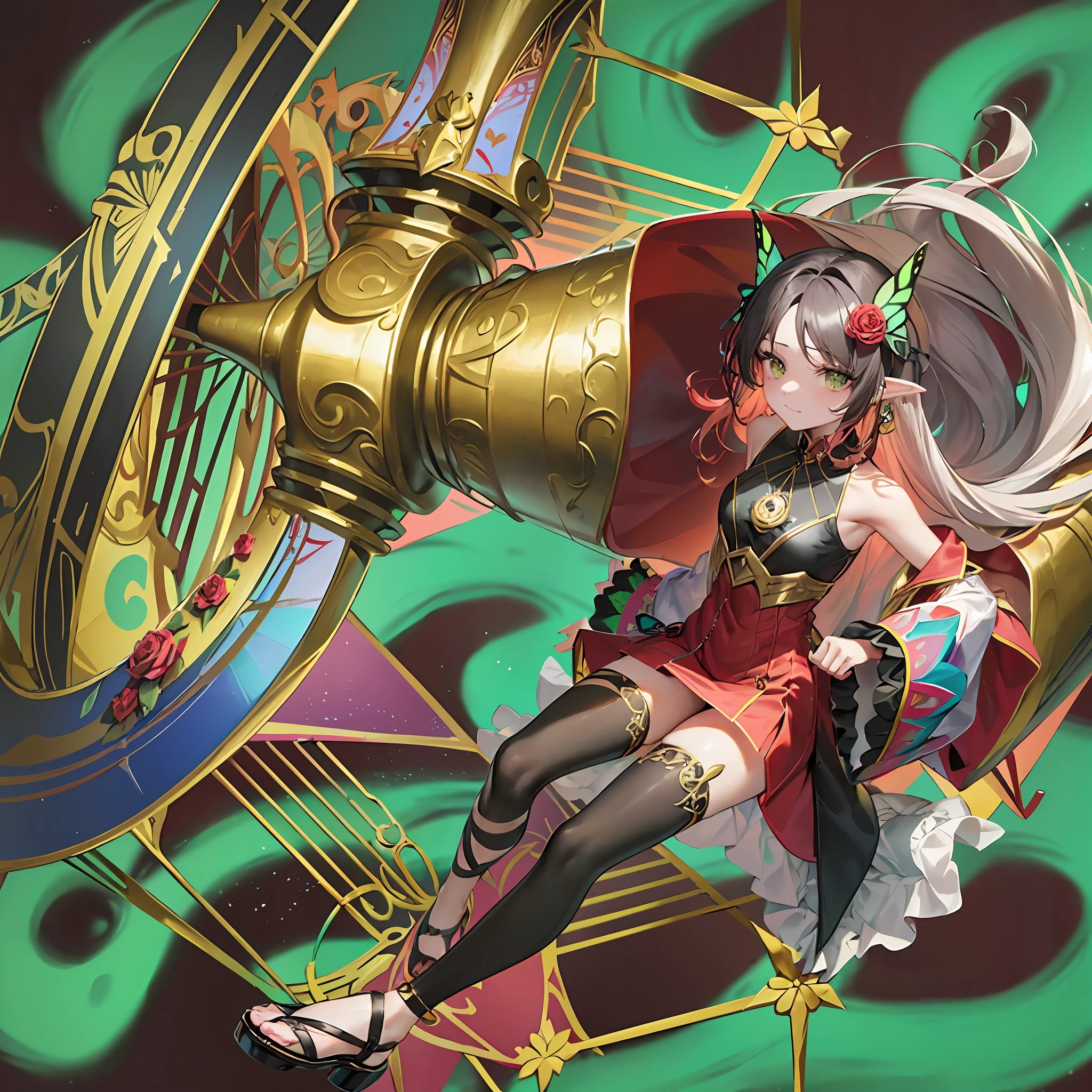(Golden Ratio: 1.2), (Rose Graffiti: 1.2), (Fault Color: 1.3), [(White Background: 1.4): : 10], (Full Body: 1.2), (Ultra Fine: 1.3), (Tarot: 1.6), (Magician (Tarot): 1.6), (Paper: 1.2), (Leprechaun: 1.6), (Fairy Wings: 1.2), Full Body, Hanging, (Cool: 1.2), (Red Long Hair), (Butterfly Hair Ornament), (Flower Hair Ornament: 1.0), (Sandals, Pendants )), (Colorful cocktail dress: 1.0) + (Loose sleeve jacket: 1.3) + (Fluttering colored tassels and ribbons: 1.2), (White stockings: 1.2), (Colored ink paper flowers: 1.2), (Colorful flowers: 1.3), (Chaotic geometry: 1.3), (Negative space: 0.8), (Artboard: 1.3), (Ethernet ink flow: 1.3)