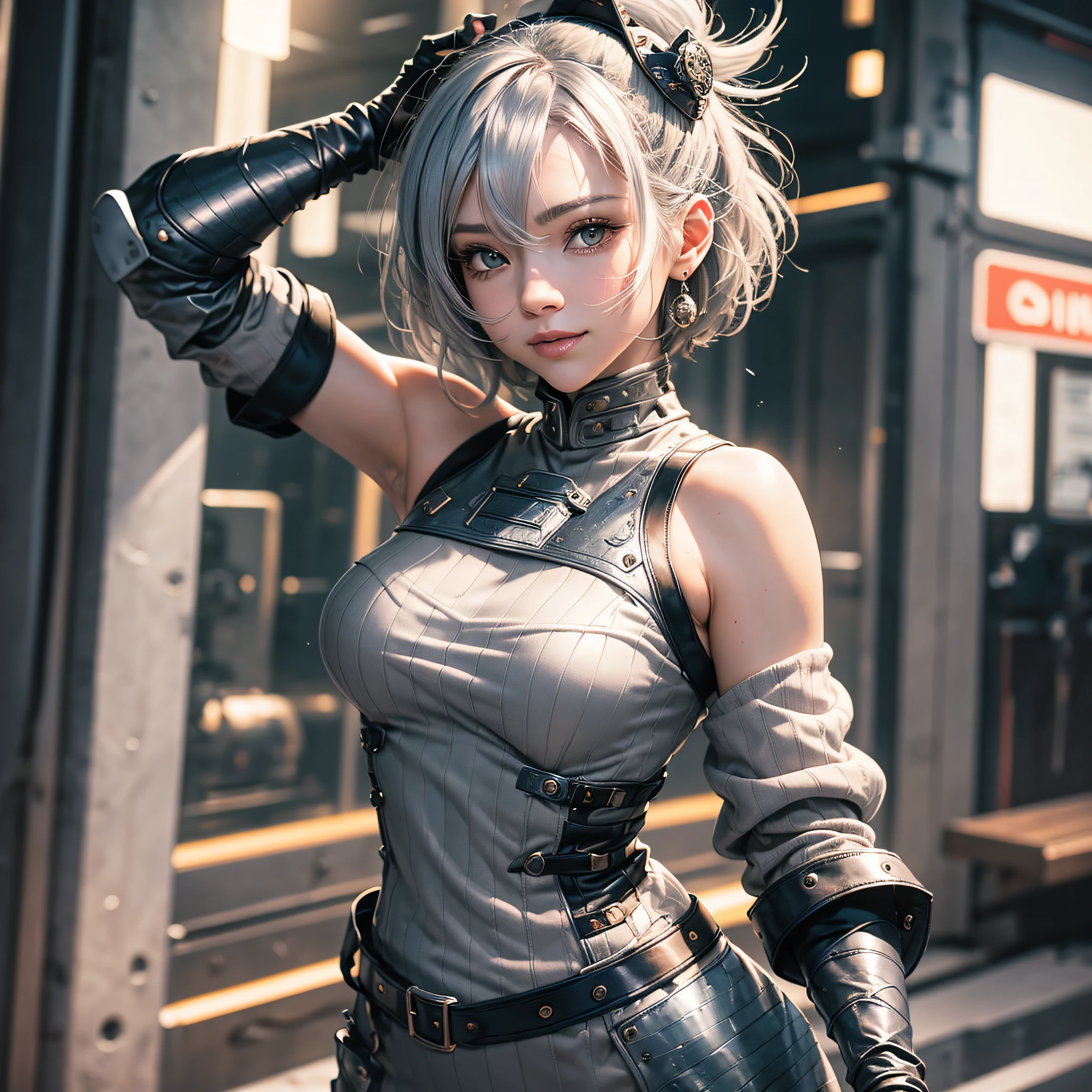 Full body, gray hair, (Dragoon: 1.2), Brant Bang, masterpiece, top quality, official art, very elaborate CG Unity 8K wallpaper, for girls, ultra high resolution, (photorealistic: 1.4), golden hour lighting, sweater dress, (upper body), (platinum shorthair: 0.8), (puffy eyes), looking at the viewer, frontal, smile, medium breasts, shirt lift, Gloves, shorthair