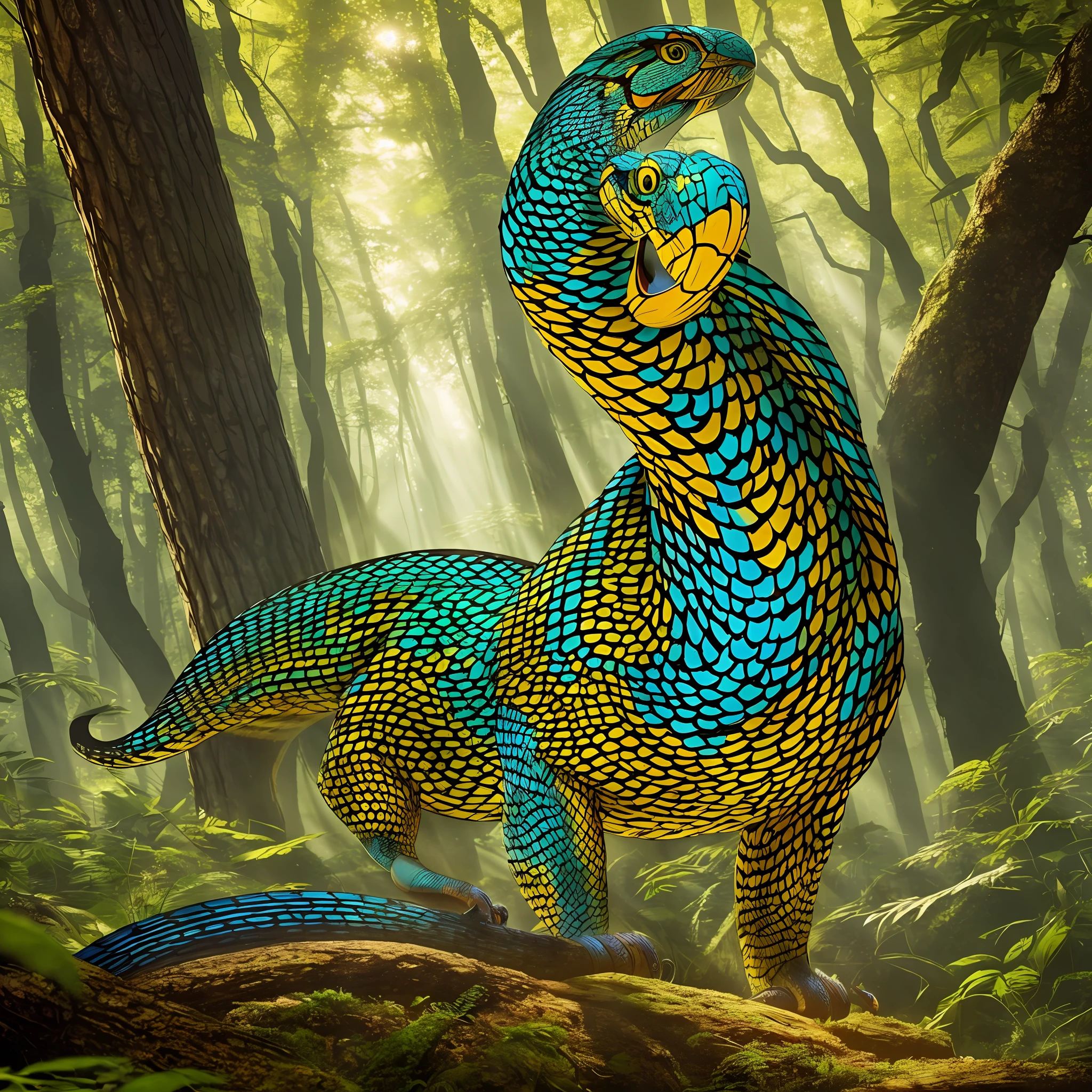 A colorful and realistic mythological cobra in a dense, childish forest illuminated by the golden and magical sunlight, with contrasting shadows of tall and thick trees, a calm and mysterious environment frames this magnificent scene. --auto --s2