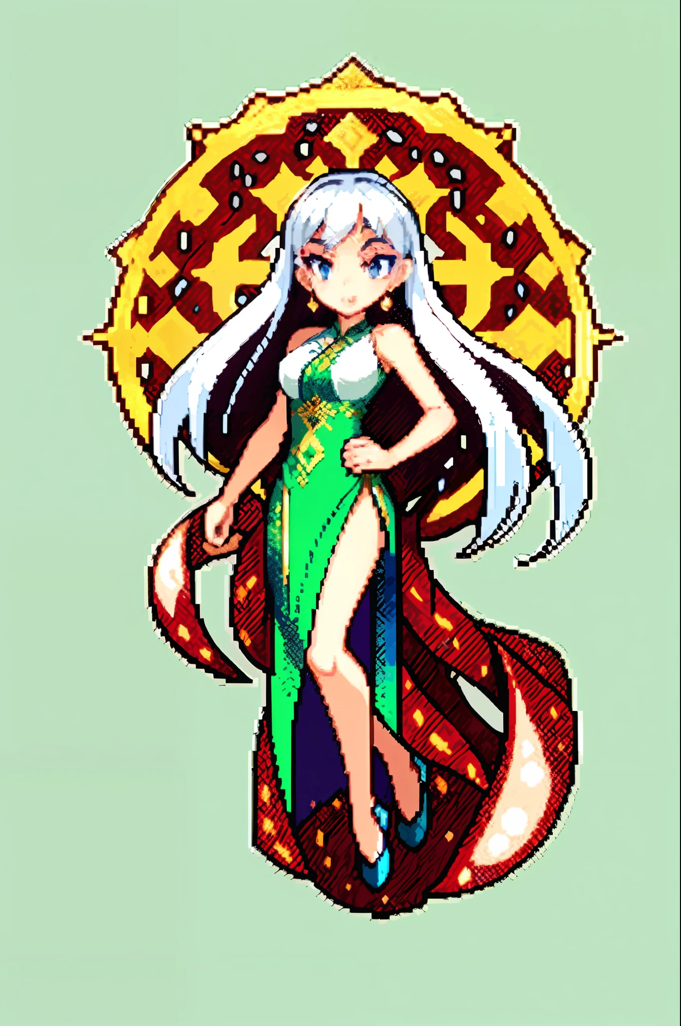 (pixel art), HD pixel block, extremely delicate mosaic, there is a girl in a green dress, plum blossoms, palace, oriental architecture, ray tracing, colorful, , cold white skin, sun, soft cute, smooth light silver hair, messy beauty, lighting, broken feeling, skin bright and silky, 3D three-dimensional, beautiful eyes, peach blossom eyes, red pupils, an extremely beautiful girl, full body close-up, white long dress, luxurious silky bright red chiffon flood (illusion, glitter, ultra-thin, soft,) Hanfu