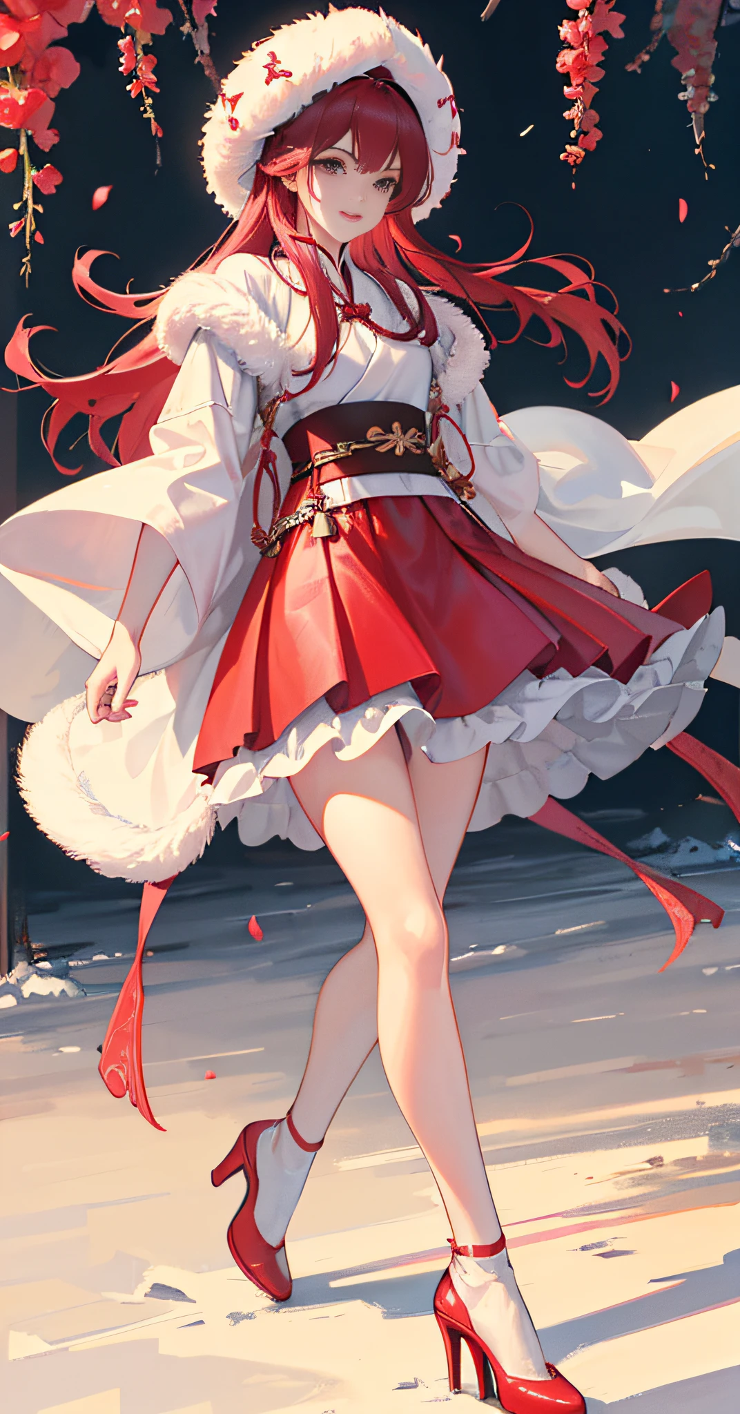 Hanfu Ming style, white ([cape: fur decoration: 0.4]: 1.7), 1 girl, (long hair: 1.1), ([fur cloak: queen's cloak: 0.4] : 1.5), (Behind the arm: 1.1), (Realistic: 1.7), (Best Quality)), Ridious, (Ultra High Resolution), (Realistic: 1.6), Realistic, Octane Rendering, (Hyperrealism: 1.2), (Realistic Face: 1.2), (8K), (4K), (Masterpiece), (Illustration, Cinematic Lighting, Wallpaper), (Beautiful Eyes: 1.2), (Perfect Face, Slender Legs, High Heels, Full Body)))), (Cute), (Standing), (Red Armor Skirt, Red Armor, Armor), (Long Red Hair), Black Eyes, Red Lips, (Outdoor), Pink Belt, Red Momofuku Knot, pink with white skin, smile, good-looking, perfect face,.