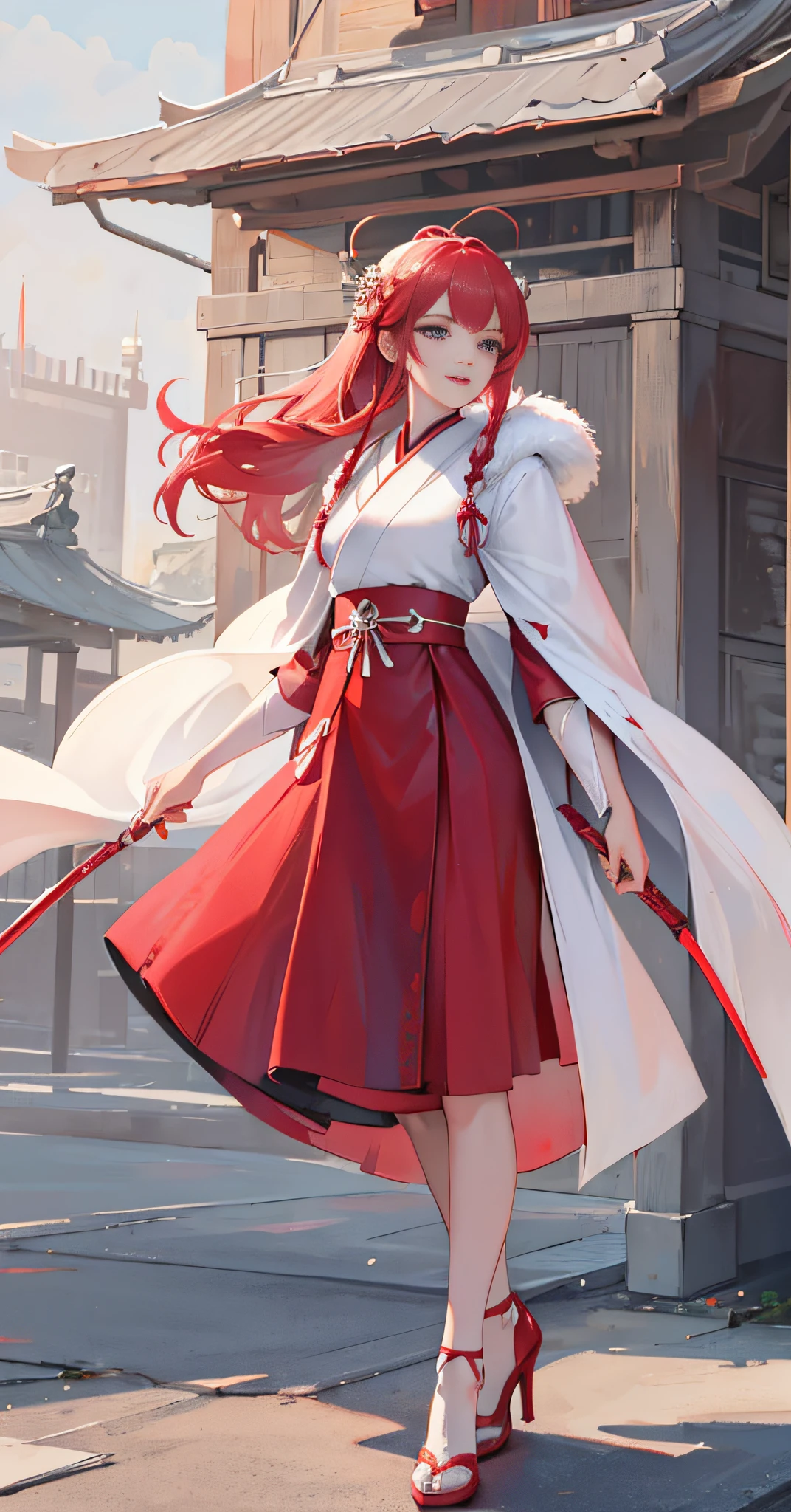 Hanfu Ming style, white ([cape: fur decoration: 0.4]: 1.7), 1 girl, (long hair: 1.1), ([fur cloak: queen's cloak: 0.4] : 1.5), (Behind the arm: 1.1), (Realistic: 1.7), (Best Quality)), Ridious, (Ultra High Resolution), (Realistic: 1.6), Realistic, Octane Rendering, (Hyperrealism: 1.2), (Realistic Face: 1.2), (8K), (4K), (Masterpiece), (Illustration, Cinematic Lighting, Wallpaper), (Beautiful Eyes: 1.2), (Perfect Face, Slender Legs, High Heels, Full Body)))), (Cute), (Standing), (Red Armor Skirt, Red Armor, Armor), (Long Red Hair), Black Eyes, Red Lips, (Outdoor), Pink Belt, Red Momofuku Knot, pink with white skin, smile, good-looking, perfect face,.