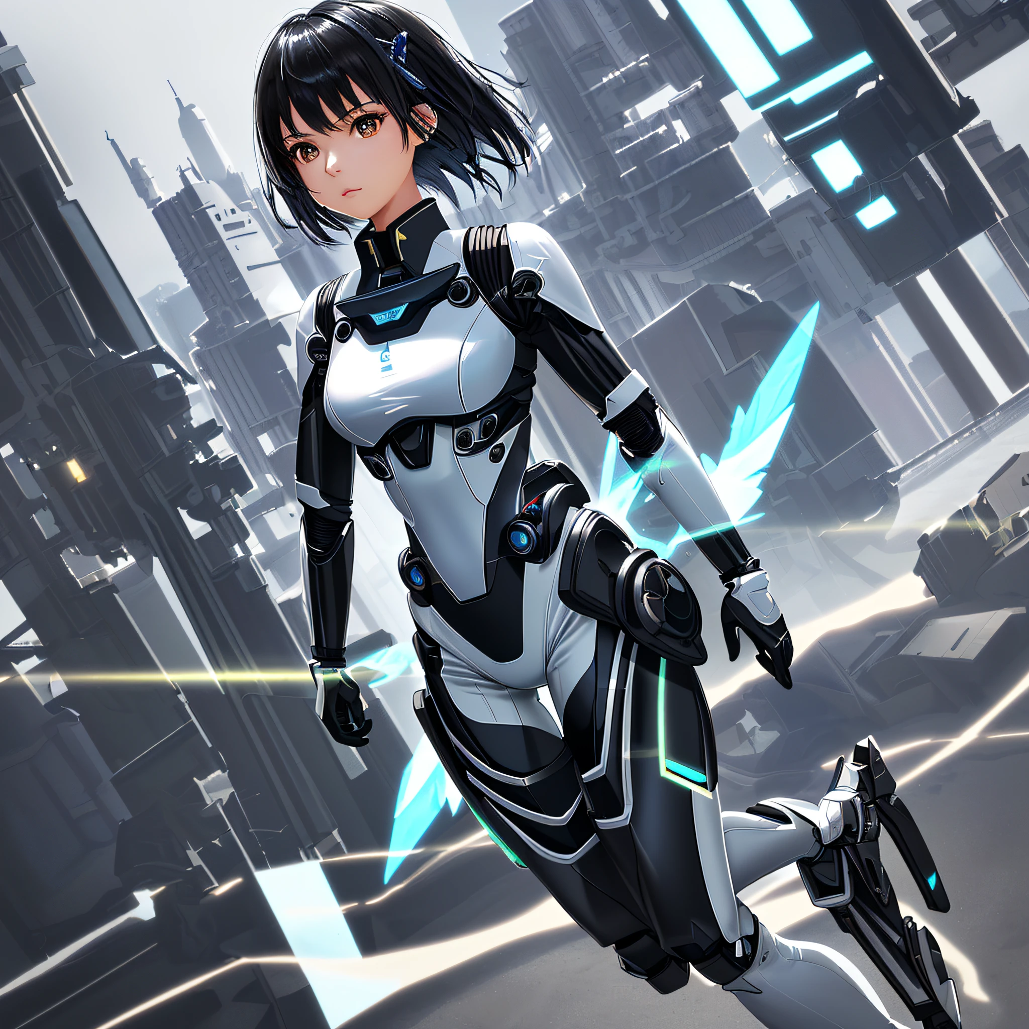 Elaborate CG Unity 8K wallpapers, masterpiece, highest quality, highest resolution, distinct_image): (Dynamic Angle, Solo, Japan Face, Short Black Haired Girl, Full Body, Small Breasts, Sparkly Black Eyes, White and Blue Colored Flight Suit, Tight Fit Clothes, Full Body Covering Clothes, Beauty, Slim Body, Exoskeleton, Gundam, Metal Gear)