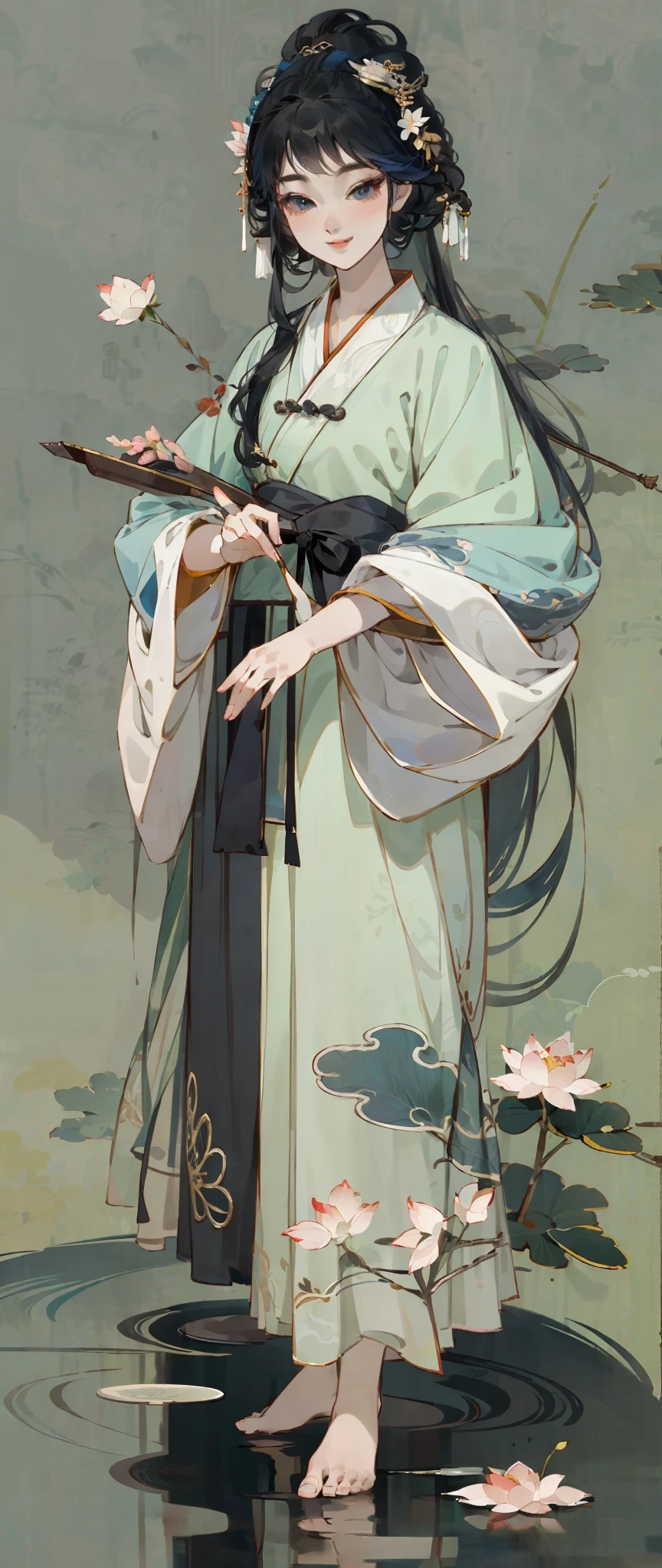 ((4k,masterpiece,best quality)), shuimobysim, traditional chinese ink painting, lotus, hanfu, maxiskit, dress conservatively 1girl, solo, long blue hair, smile, standing, feet in the water, barefoot, --auto --s2