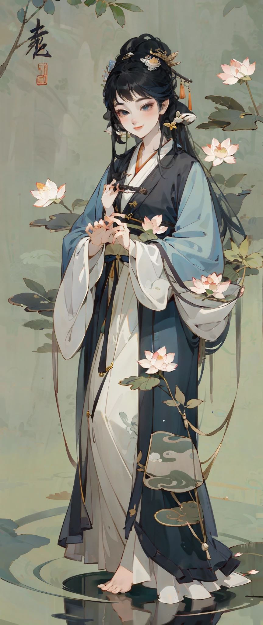 ((4k,masterpiece,best quality)), shuimobysim, traditional chinese ink painting, lotus, hanfu, maxiskit, dress conservatively 1girl, solo, long blue hair, smile, standing, feet in the water, barefoot, --auto --s2