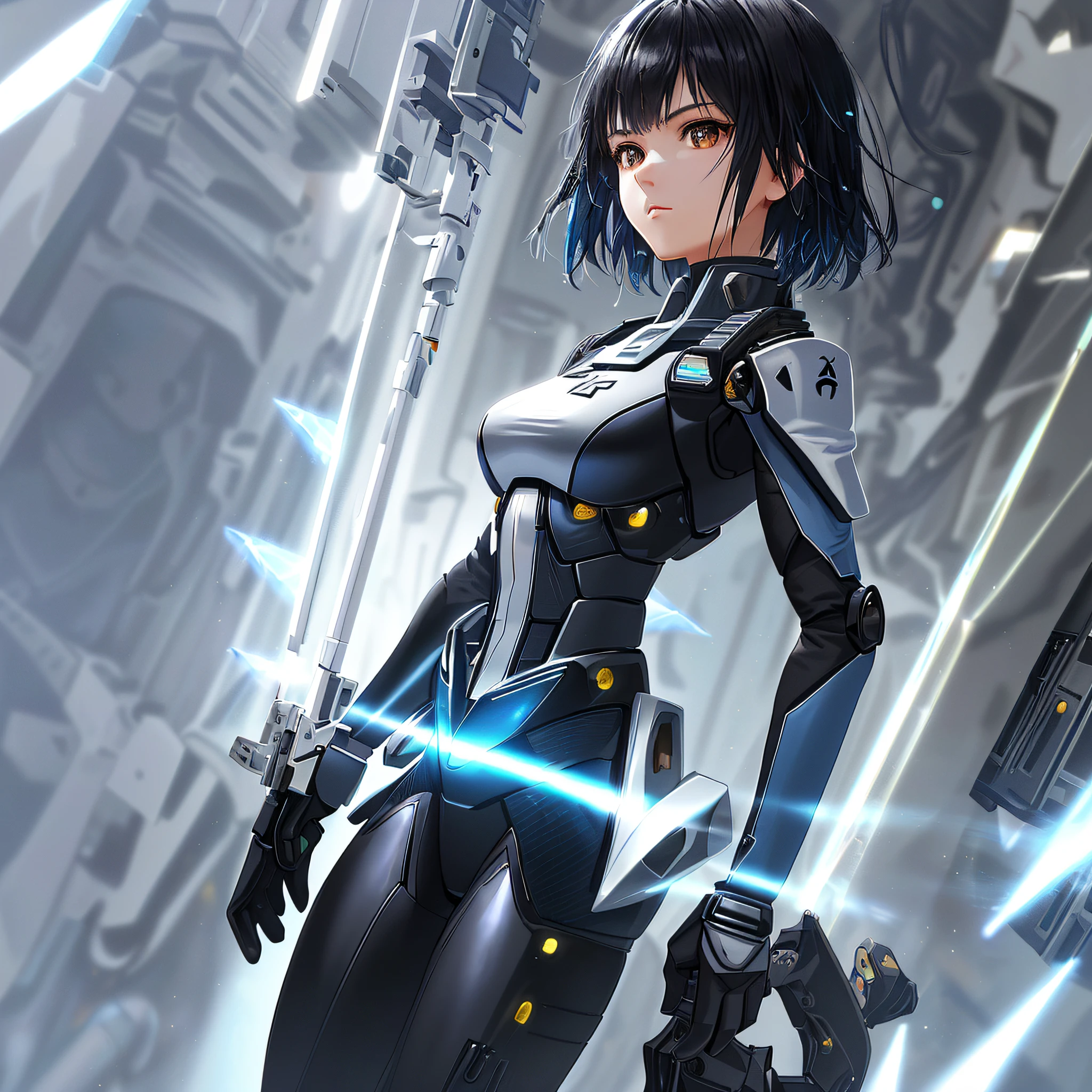 Elaborate CG Unity 8K wallpapers, masterpiece, highest quality, highest resolution, distinct_image): (Dynamic Angle, Solo, Japan Face, Short Black Haired Girl, Full Body, Small Breasts, Sparkly Black Eyes, White and Blue Colored Flight Suit, Tight Fit Clothes, Full Body Covering Clothes, Beauty, Slim Body, Exoskeleton, Gundam, Metal Gear)