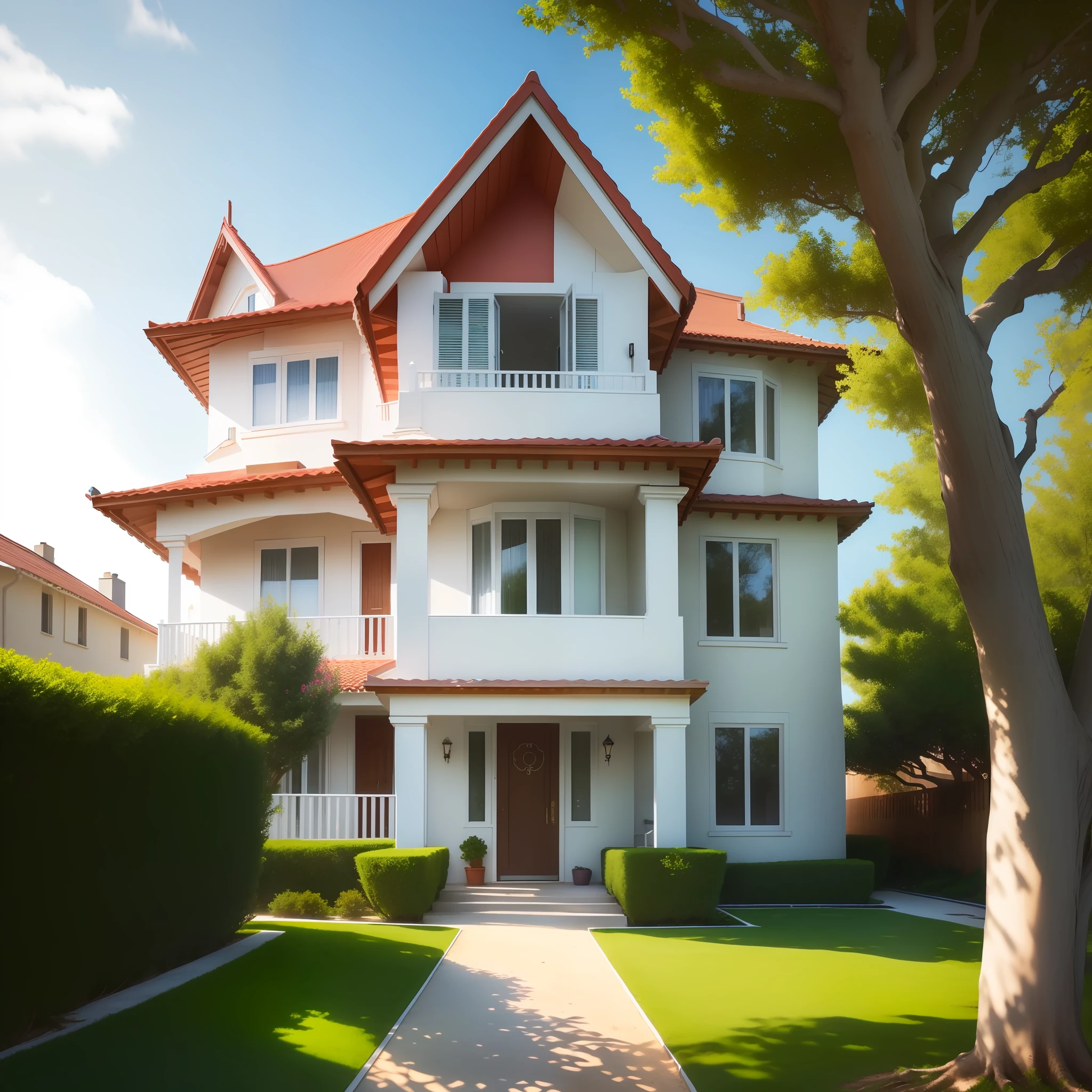 a house on the beach with white stripes, a tree near it with beautiful garden and sidewalks hd, HDR 4k, 8k luxury