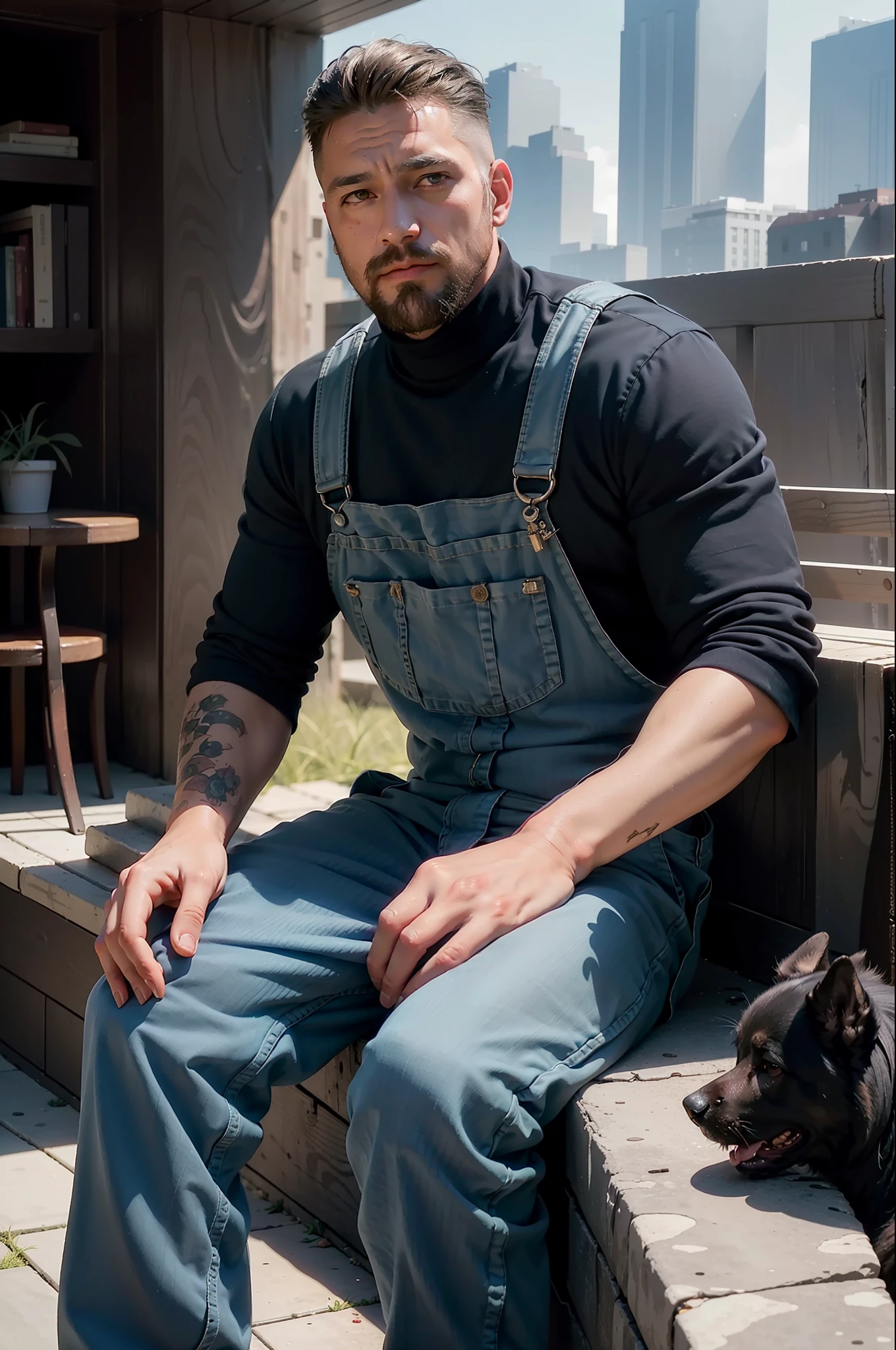 complex 3D rendering super detailed, RAW, masterpiece, super fine photo, best quality, super high resolution, photorealistic realism, sunlight, full body portrait, male middle-aged uncle, dynamic pose, beard, a scar under the right eye, vibrant eyes, (viewed from the side), he wears casual overalls, turtleneck top, sitting on top of a hill, very detailed background, detailed face, detailed complex busy background, messy, gorgeous, dark complexion, highly detailed skin, realistic skin details, visible pores, sharp focus, volumetric fog, 8k uhd, DSLR, high quality, film grain, photorealism, lomography, huge metropolis in a future dystopia , seen from below, translucent, urban ruins, a German shepherd beside him, accompanied by a black dog,