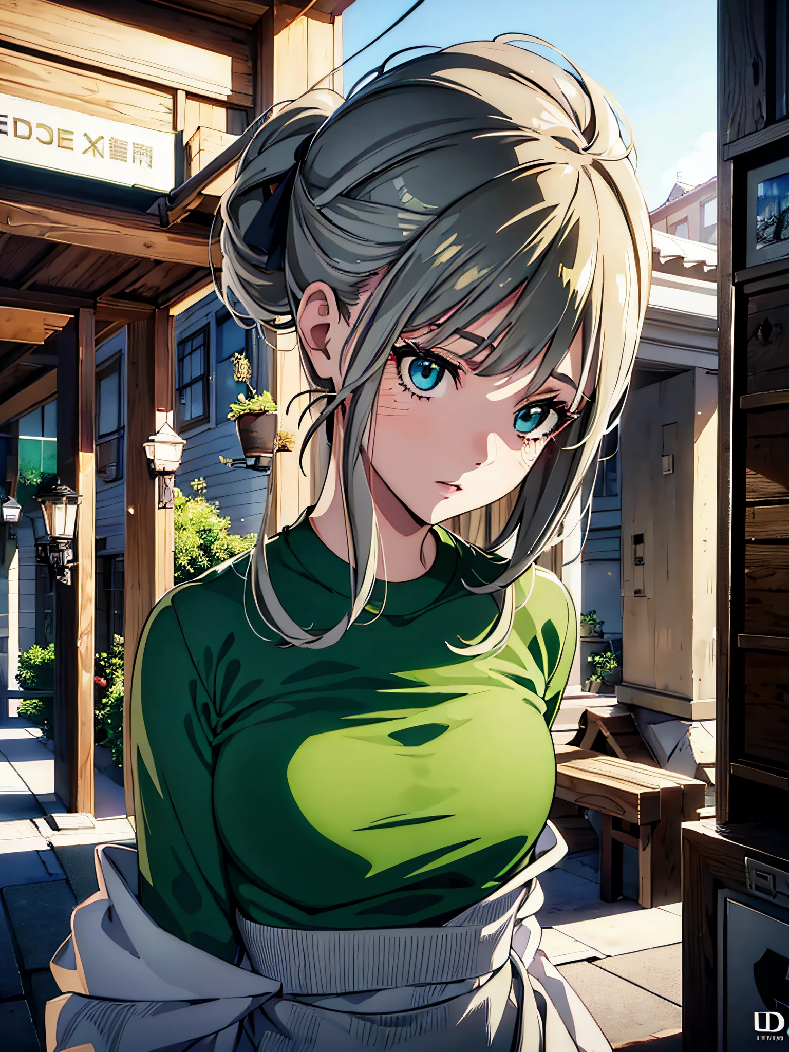 Anime Character, Female, Bobo Hairstyle, Green Eyes, (Gray Top:1.3) , White Yoga Pants, Slight Head Tilted to Right, Hands Behind Back, Upper Body Physiognomy, Flowing Hair, (1girl:1.3), Solo, (((Very Detailed Face)))), ((Very Detailed Eyes and Face))), Beautiful Detail Eyes, Body parts__, Official Art, Unified 8k Wallpaper, Super Detailed, Beautiful and Beautiful, Beautiful, Masterpiece, Best Quality, Original, Masterpiece, Super fine photos, best quality, super high resolution, realistic realism, sunlight, amazing beauty, dynamic poses, delicate face, vibrant eyes, (from the front), UHD