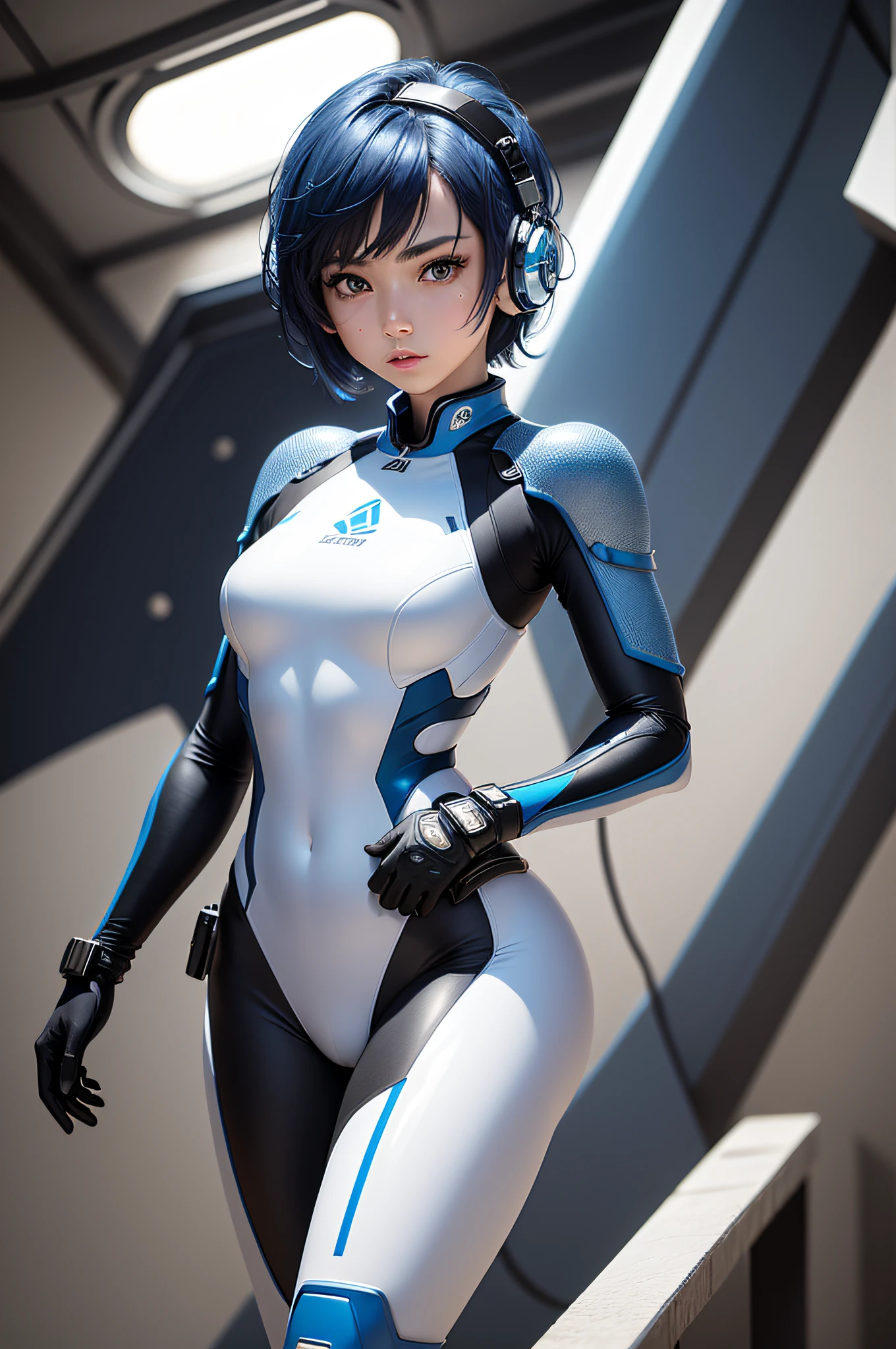 (masterpiece, highest quality, highest resolution, distinct_image, detailed details): (Solo, lone girl, face is Japan person, short cut, blue-haired girl, full body figure, (perfect body: 1.4), sparkly blue color eyes, white and blue, black color pilot suit, tight fit clothes, clothes that cover the whole body, very delicate and beautiful, detailed skin, slim body, exoskeleton, Heroine, headset, boots)