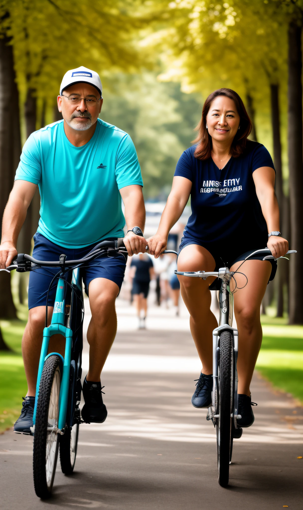 color photo of a 50 year old man and a 40 year old woman in clothes, T-shirt and sweatpants, face, half body, body, highly detailed skin, skin pores, city park, cloudy weather,people in the background riding bike, trees,birds, 8k uhd, Dslr, soft lighting, high quality, film grain, Fujifilm XT3