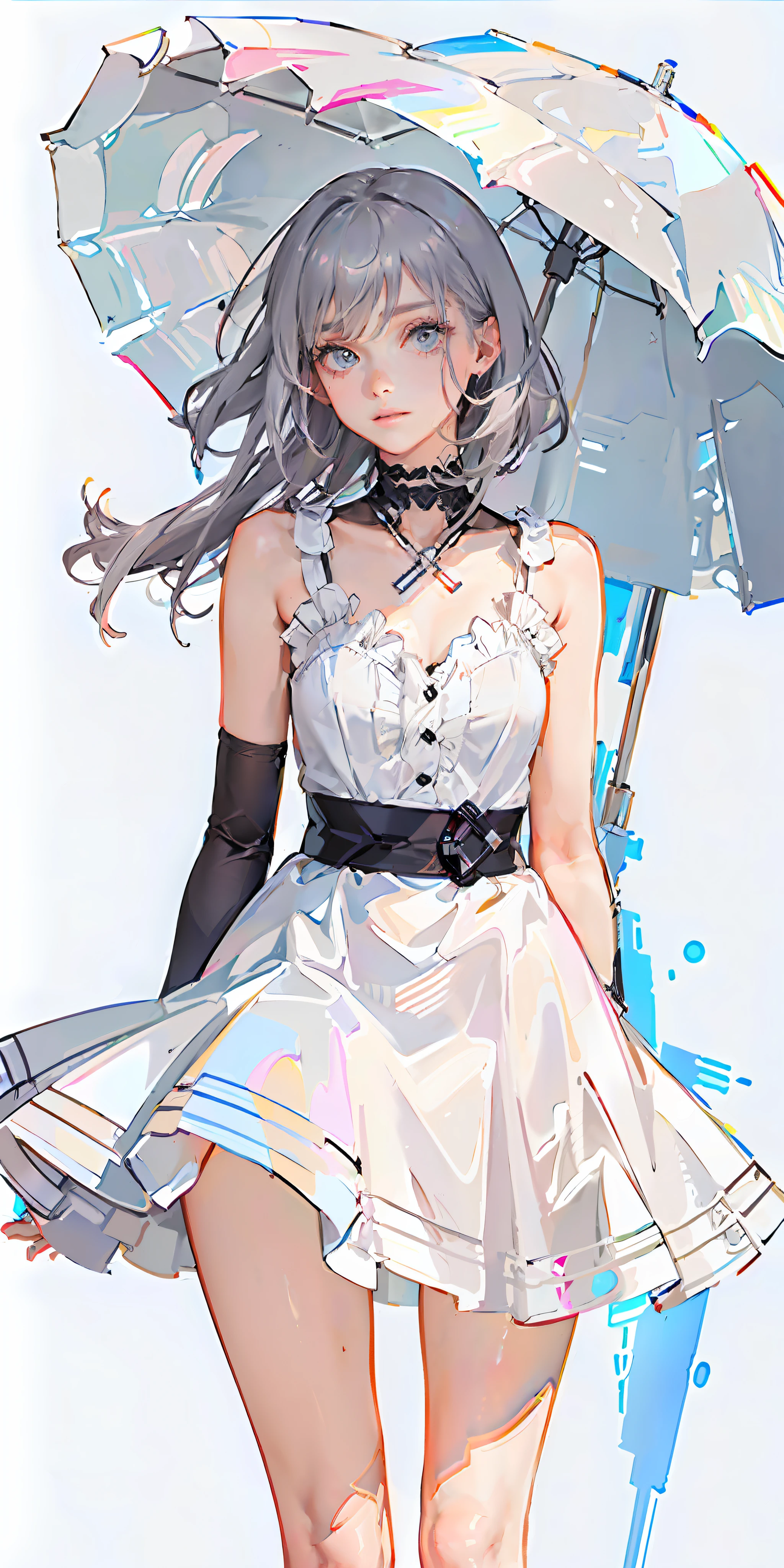(highest quality), (masterpiece), (super detailed), (eye detail: 1.0), (lens flare: 1.0), (movie poster: 1.0), (tarot border: 1.0), portrait center, (close-up: 1.0), a girl, solo, ((grey eyes)), (messy long grey hair), medium breasts, ((collarbone, groin, narrow waist,slender,thin)),(pink lips),grey hair,white dress,simple background,lift dress,(white panties)