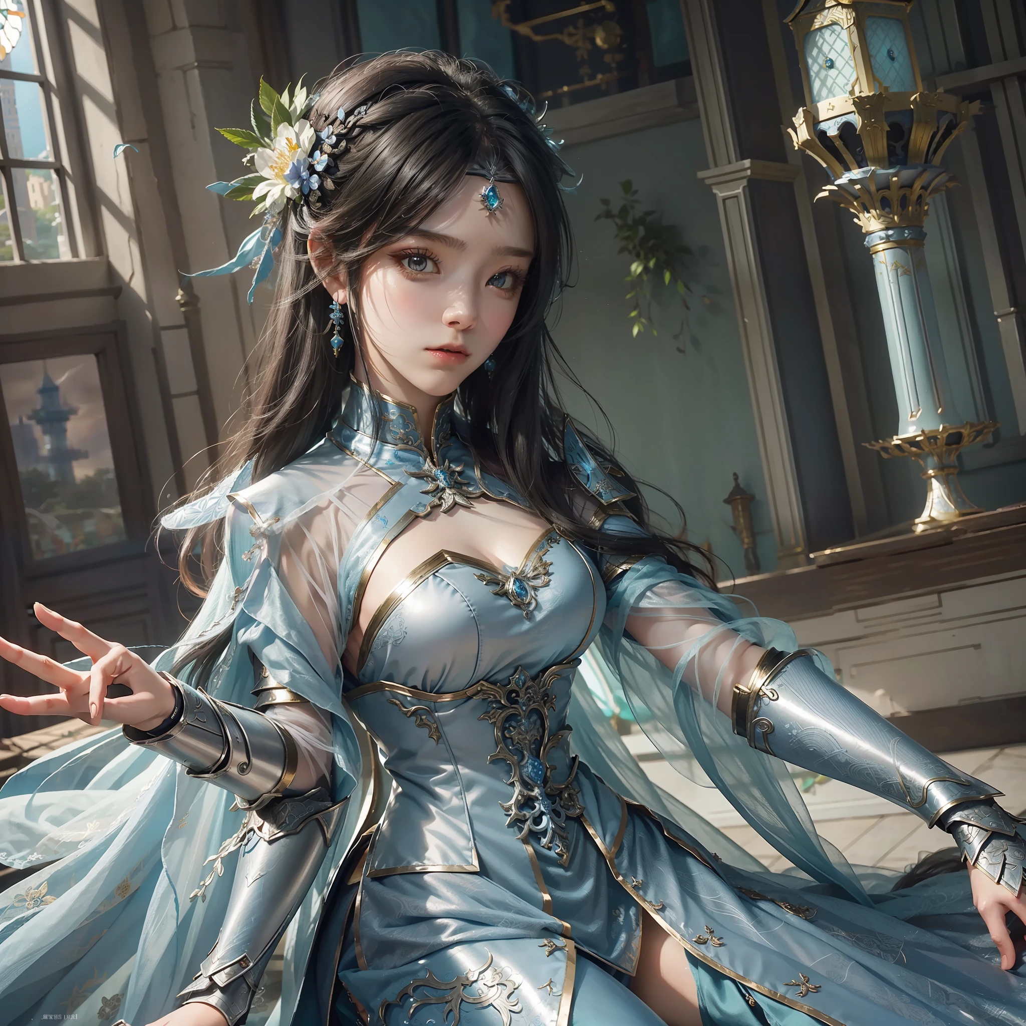 Full cover armor,a close up of a woman in a women in a silver and blue dress, chengwei pan on artstation, by Yang J, detailed fantasy art, stunning character art, fanart best artstation, epic exquisite character art, beautiful armor, extremely detailed artgerm, detailed digital 动漫艺术, artstation pixiv 上的 artgerm, armor girl,(indoor,tower house:1.5),#92E0E8,diamond sword