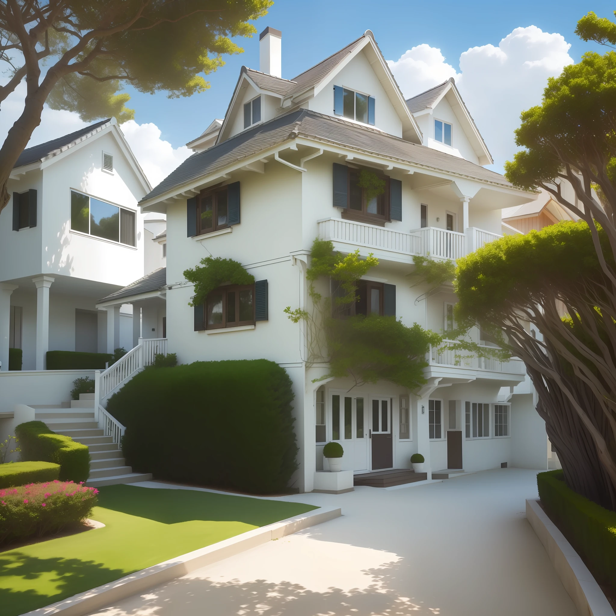 a house on the beach with white stripes, a tree near it with beautiful garden and sidewalks hd, HDR 4k, 8k luxury