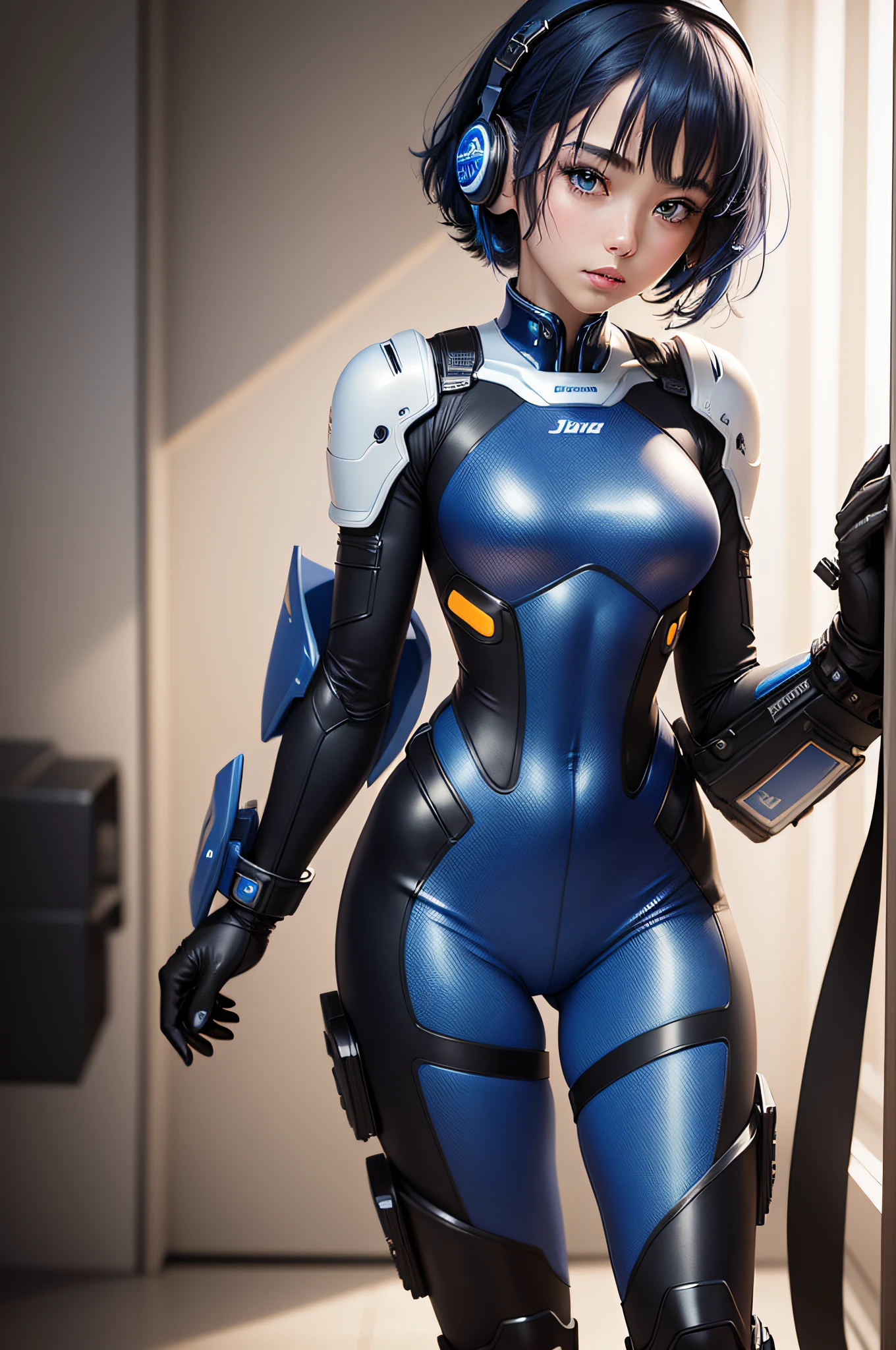 (masterpiece, highest quality, highest resolution, distinct_image, detailed details): (Solo, lone girl, face is Japan person, short cut, blue-haired girl, full body figure, (perfect body: 1.4), sparkly blue color eyes, white and blue, black color pilot suit, tight fit clothes, clothes that cover the whole body, very delicate and beautiful, detailed skin, slim body, exoskeleton, Heroine, headset, boots)