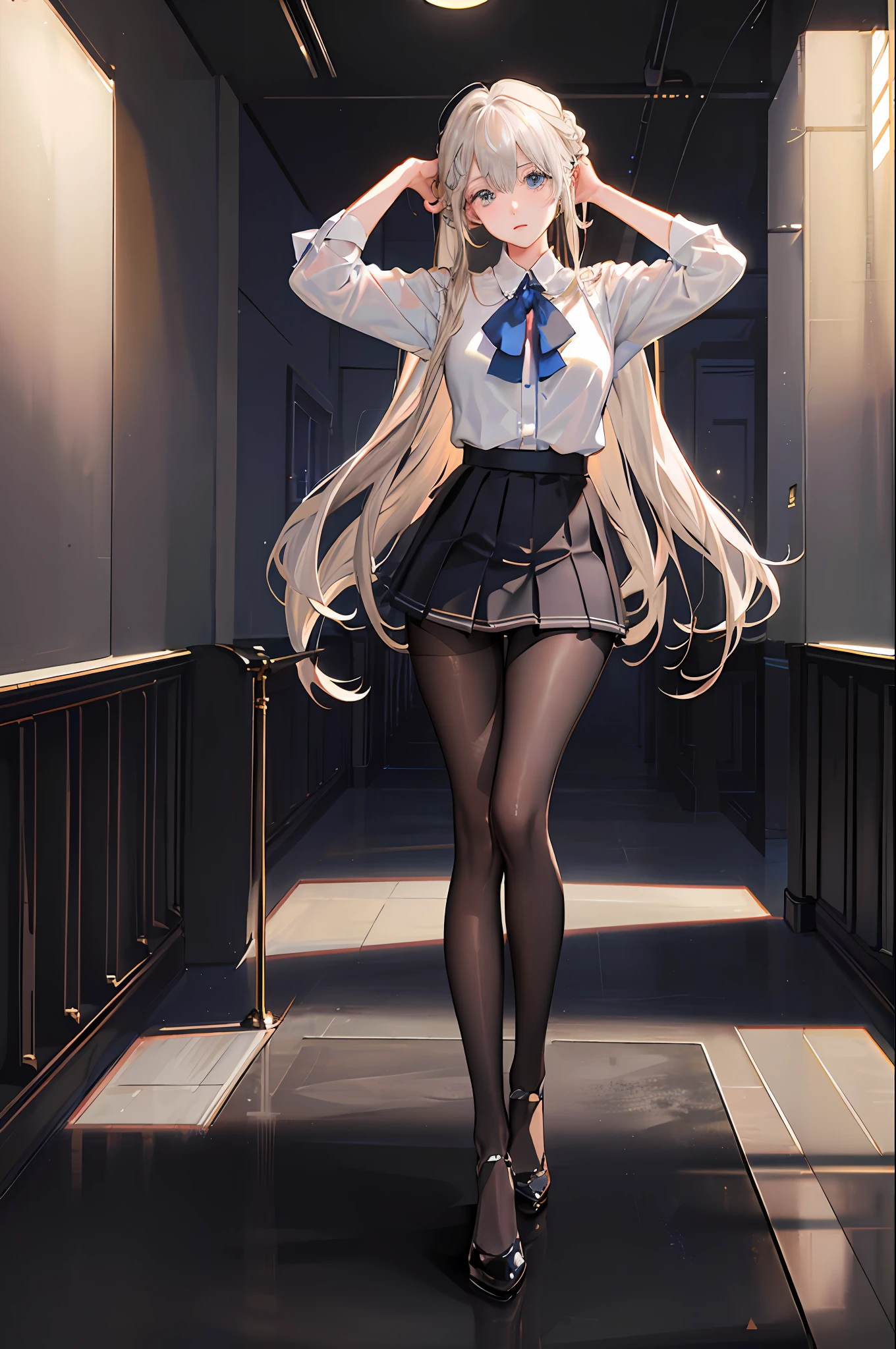 (((1 girl)),ray tracing,(dim lighting),[detailed background (school classroom)),((blond hair)),((blond hair)),((Fluffy silver hair, plump and slender girl)) with high ponytail)))) Avoid golden eyes in the ominous living room ((((Girl wears a white blouse, short pleated skirt, with black transparent pantyhose), showing a delicate and slender figure and graceful curves, correct limbs, hands behind the head, hands behind the head, both hands behind the head, Eye details, beautiful eyes, delicate eyes, blue eyes