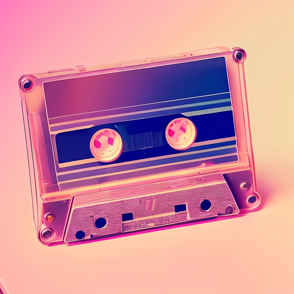 RAW, 500R, DSLR, There's a tape with two buttons on it sitting on a table, tape,, old tape, pastel synthwave, retro pink synthwave style, futurism, futuristic, 8 0 ies aesthetics, grainy tape, used tape, synthwave aesthetics, (synthwave), ( ( (synthwave ) ), lofi art, ((synthwave)), 50k